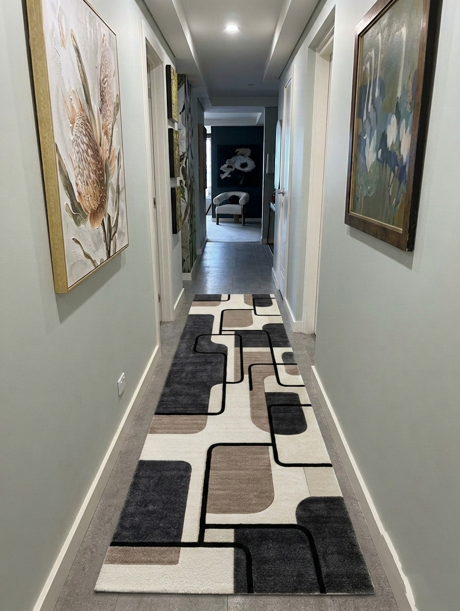 Hand Tufted Wool Runner Rug Modern Geometric Cream Gray Black Beige Carpet