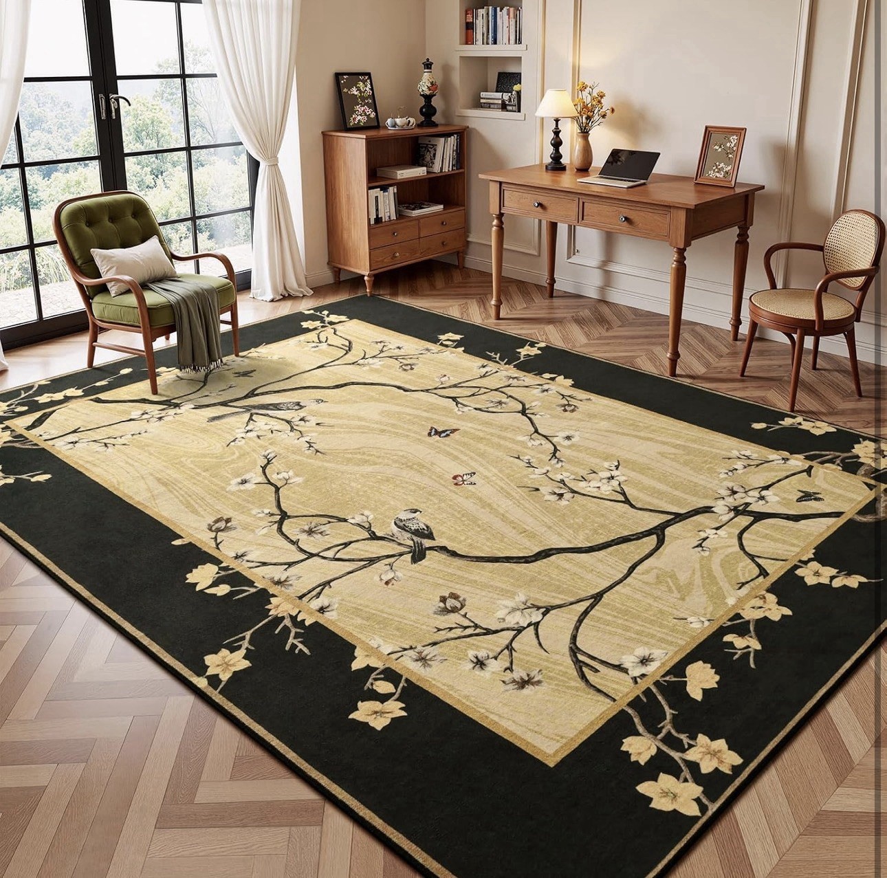Beige Black Floral Branch Bird Non-Slip Stain Resistant Washable Rug 5×7