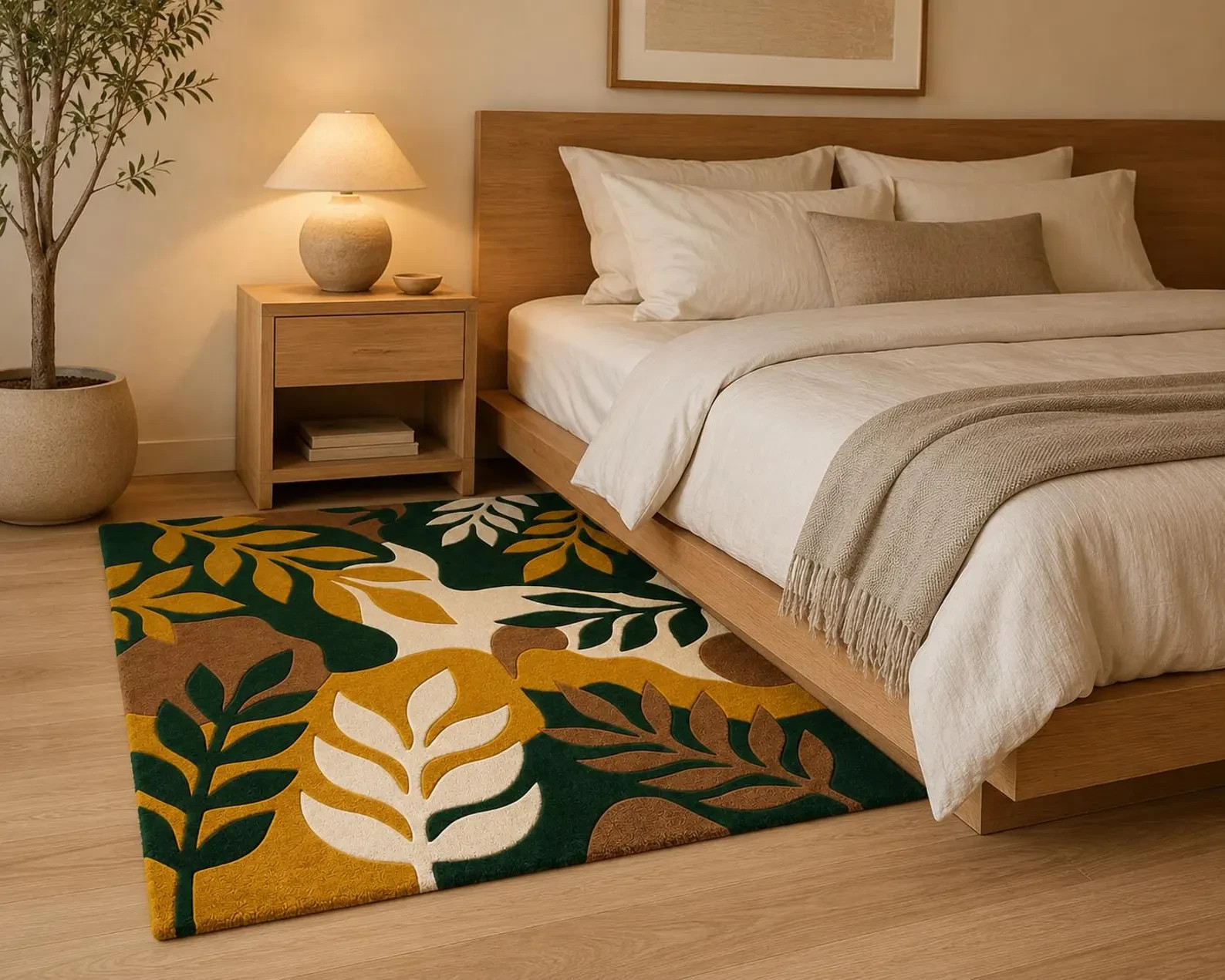 Hand Tufted Wool Botanical Leaf Rug, Modern Tropical Nature Carpet, Living Room