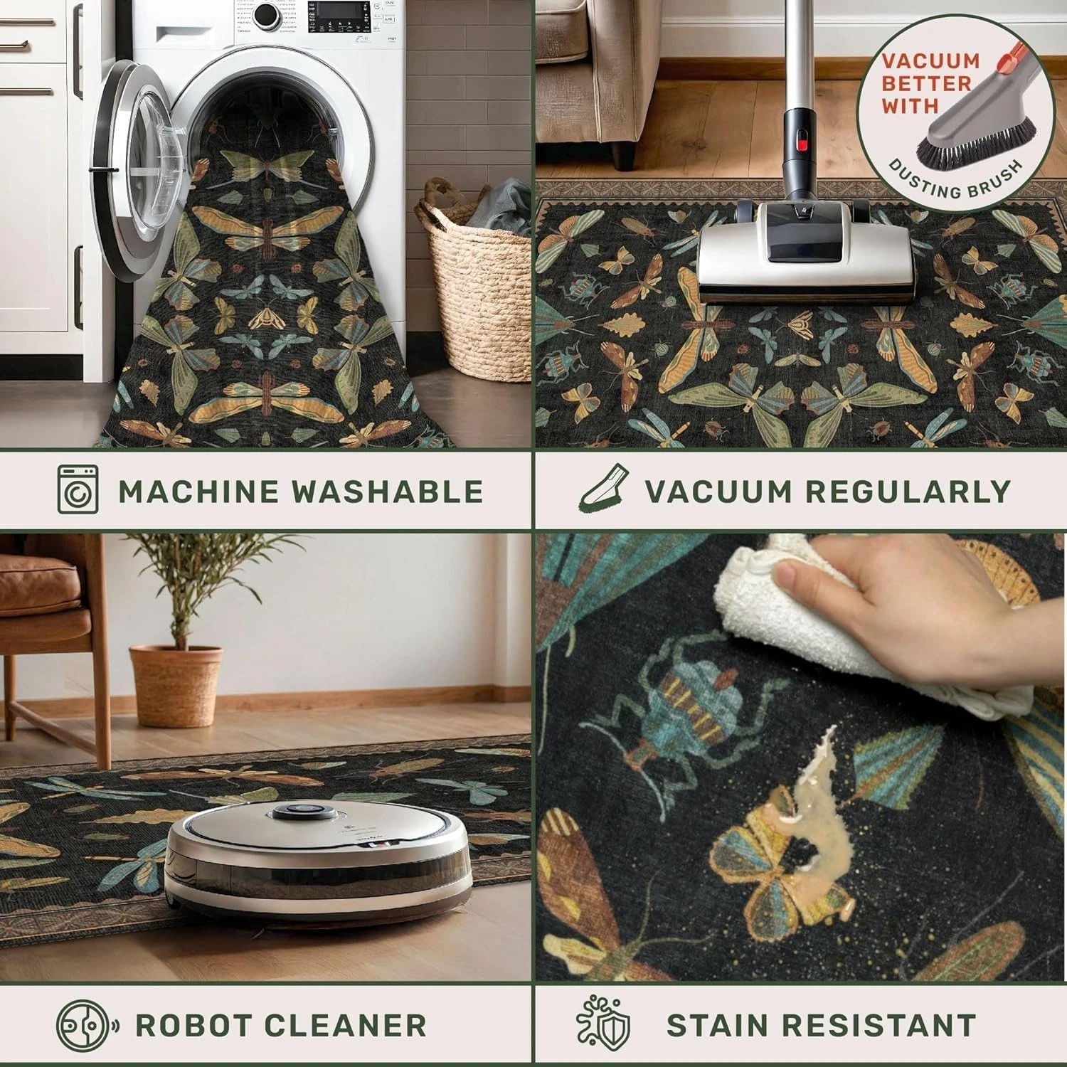Black Washable Insect Area Rug 8×10 Living Room Bedroom Dining Room Whimsical
