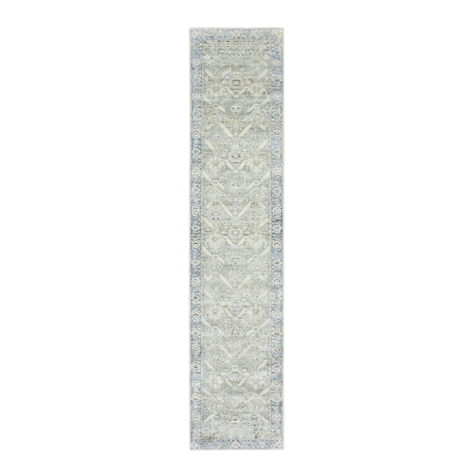 2’7″x12′ Gray Hand Knotted Pure Silk Oushak Design Runner Oriental Rug 75908