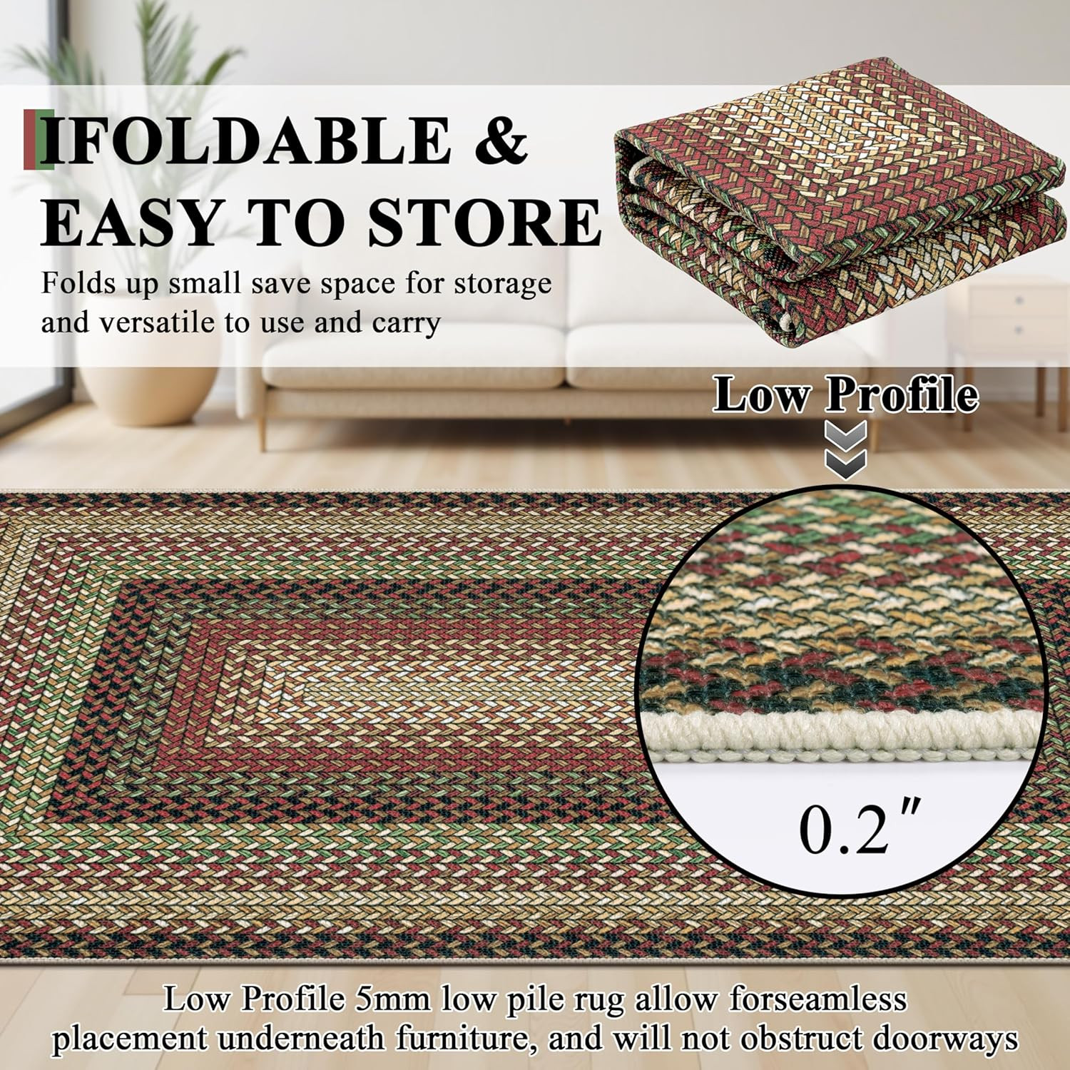 Washable Faux Braided Area Rug 5’X8′ – Pet Friendly, Non-Slip, Stain Resistant
