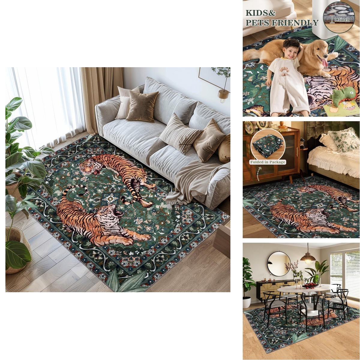 Geanlod Tiger Washable Area Rug 5x7ft Boho Botanical Jungle Floor Carpet