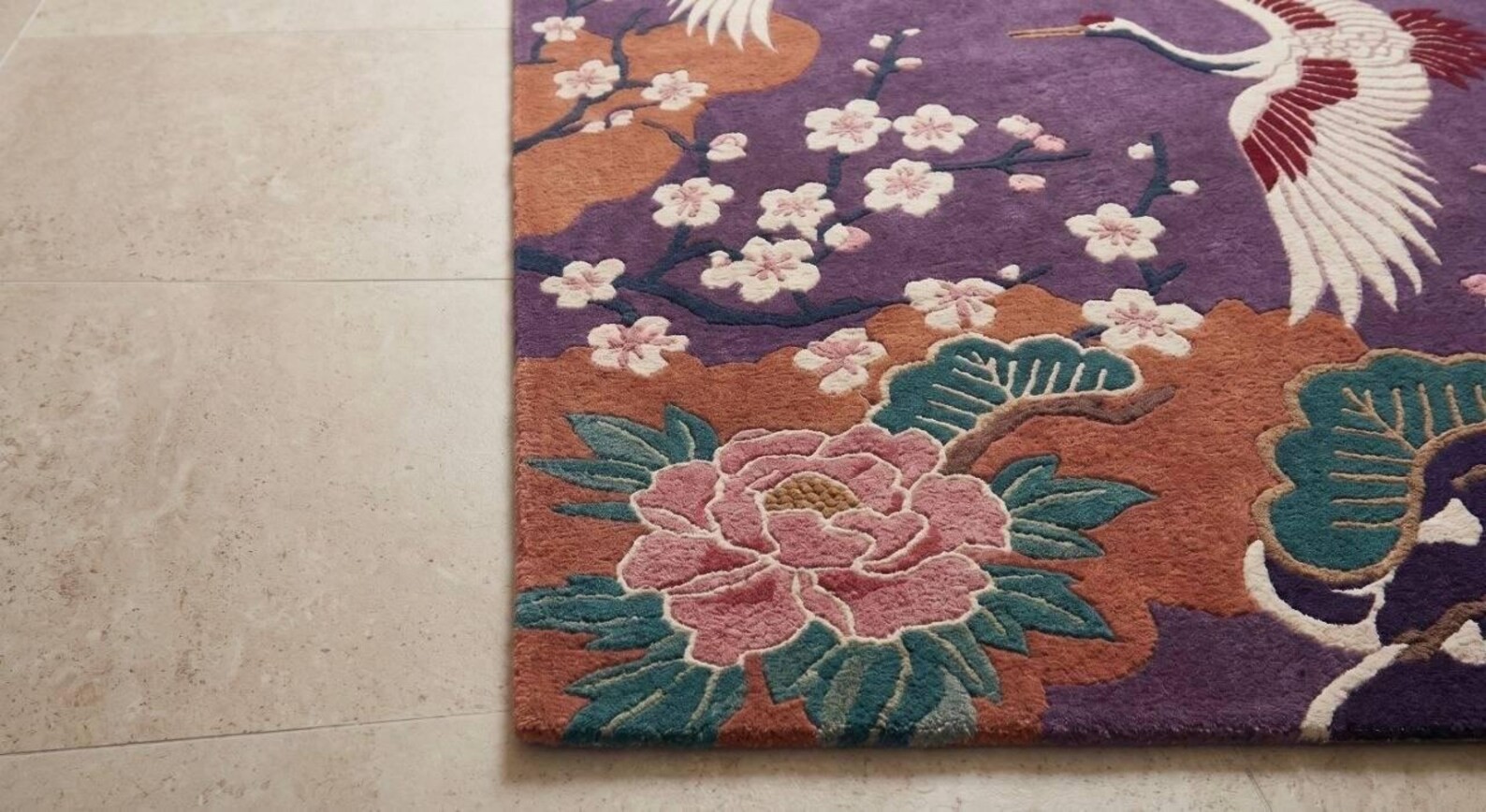 Hand-Tufted Wool Rug – Japanese Crane Cherry Blossom Art Décor Area Carpet Rug