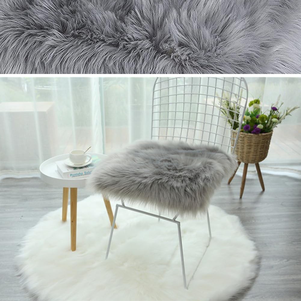Faux Fur Sheepskin Square Chair Cover Seat Pad Wool Area Rugs Mat Carpet (Gre…