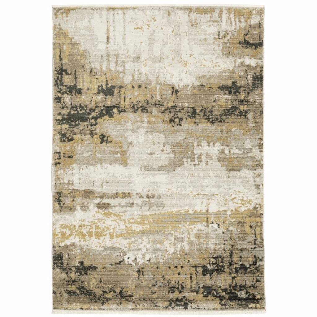 6′ X 9′ Grey Gold Black Charcoal And Beige Abstract Power Loom Stain Resistant
