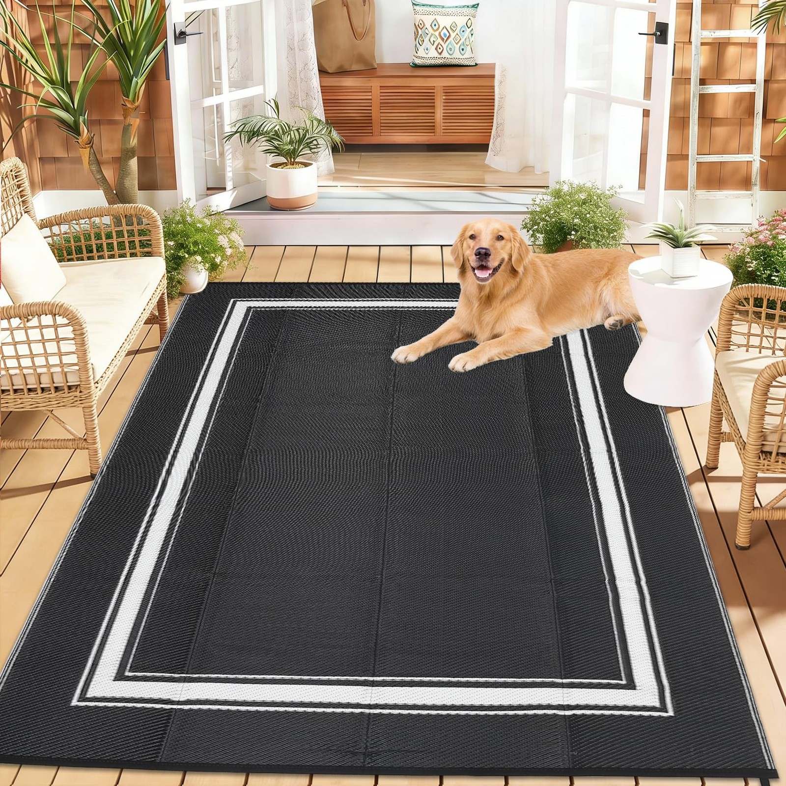 Minimalist Bordered Plastic Straw Rug Dusty Taupe Waterproof Reversible Indoor O