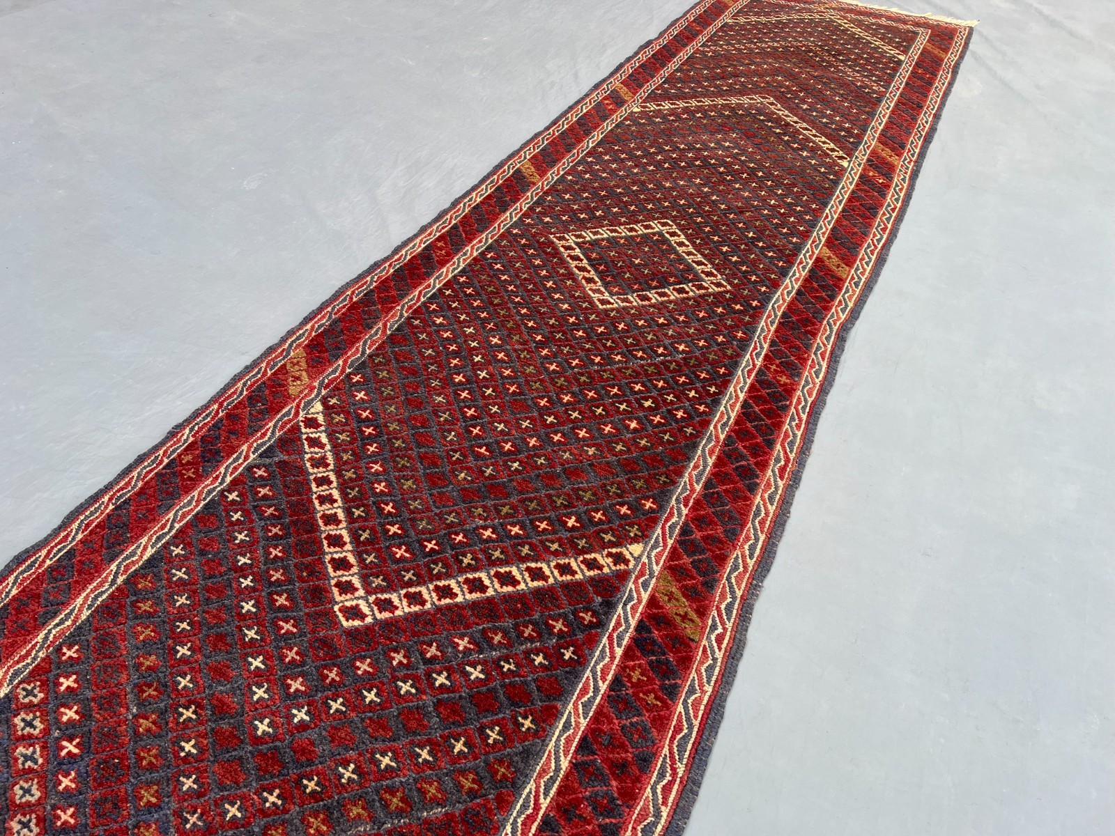 2’1 x 9’2 Ft Classic Afghan Mishwani Runner Rug – Deep Red Geometric Pattern Rug