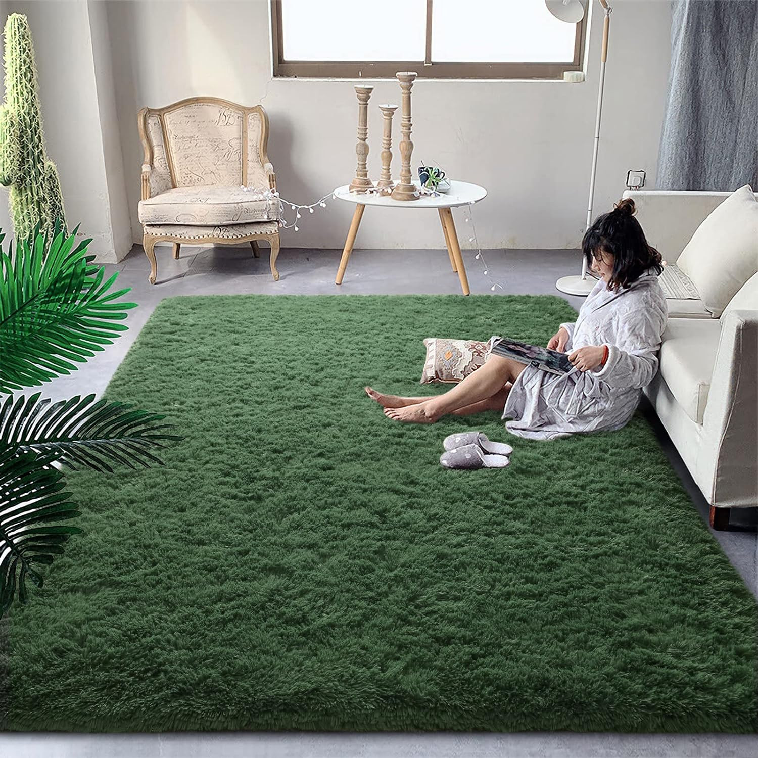 Soft Plush Dark Green Shag Rug 8×10 – Non-Slip, Machine Washable Carpet
