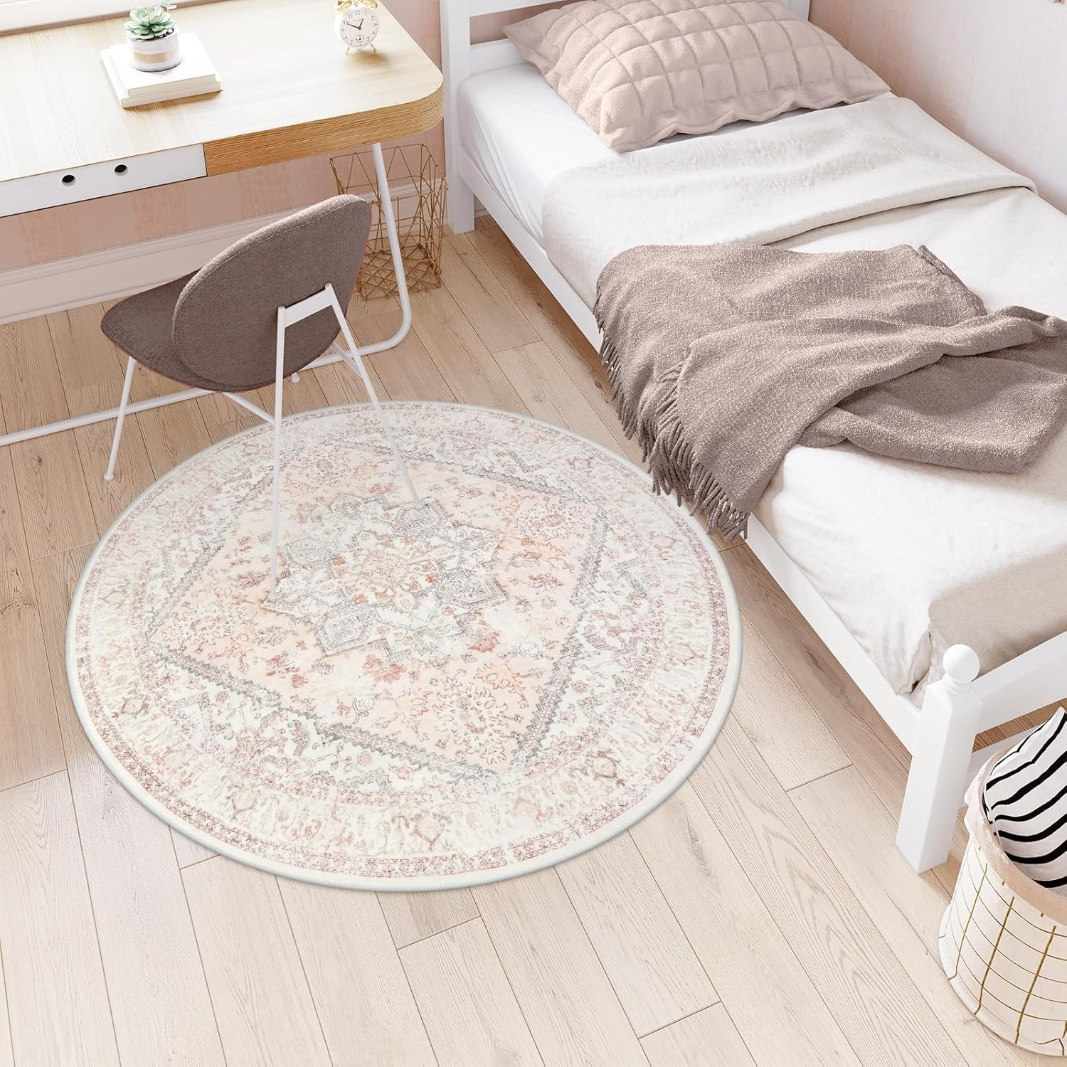 4Ft Pink Round Rug Washable Non Slip Vintage Boho Circle Area Rug Low Pile