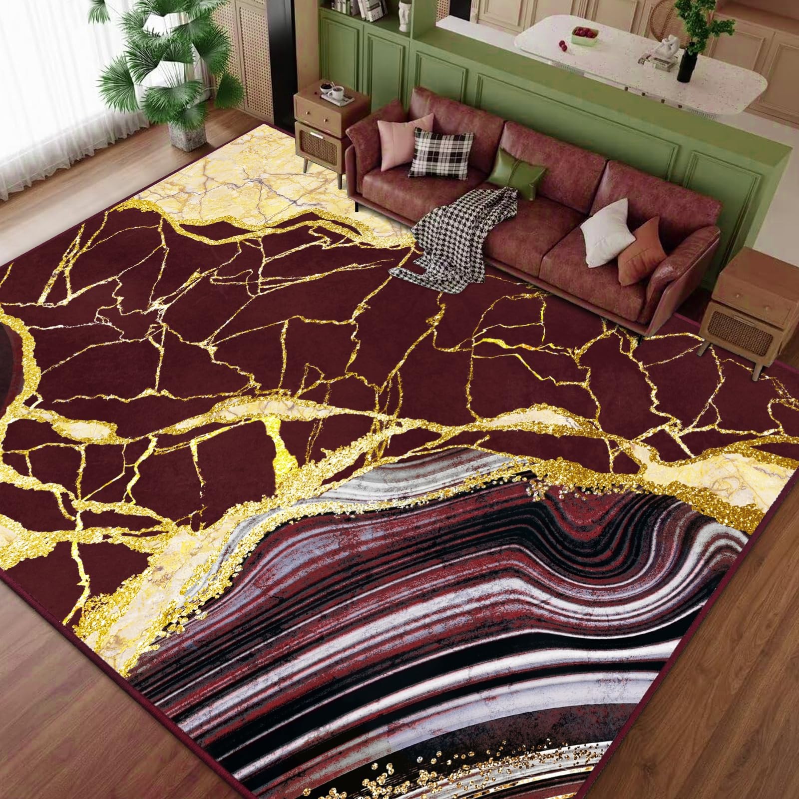 Marble 9×12 Area Rug Red and Gold Washable Rugs for Living Room, Soft Faux Wo…