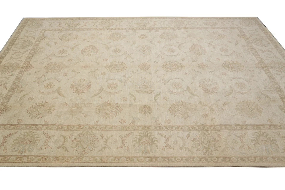 Hand Knotted Oushak Area Rug Vintage Floral Wool Carpet Beige & Cream 9×12 Rug