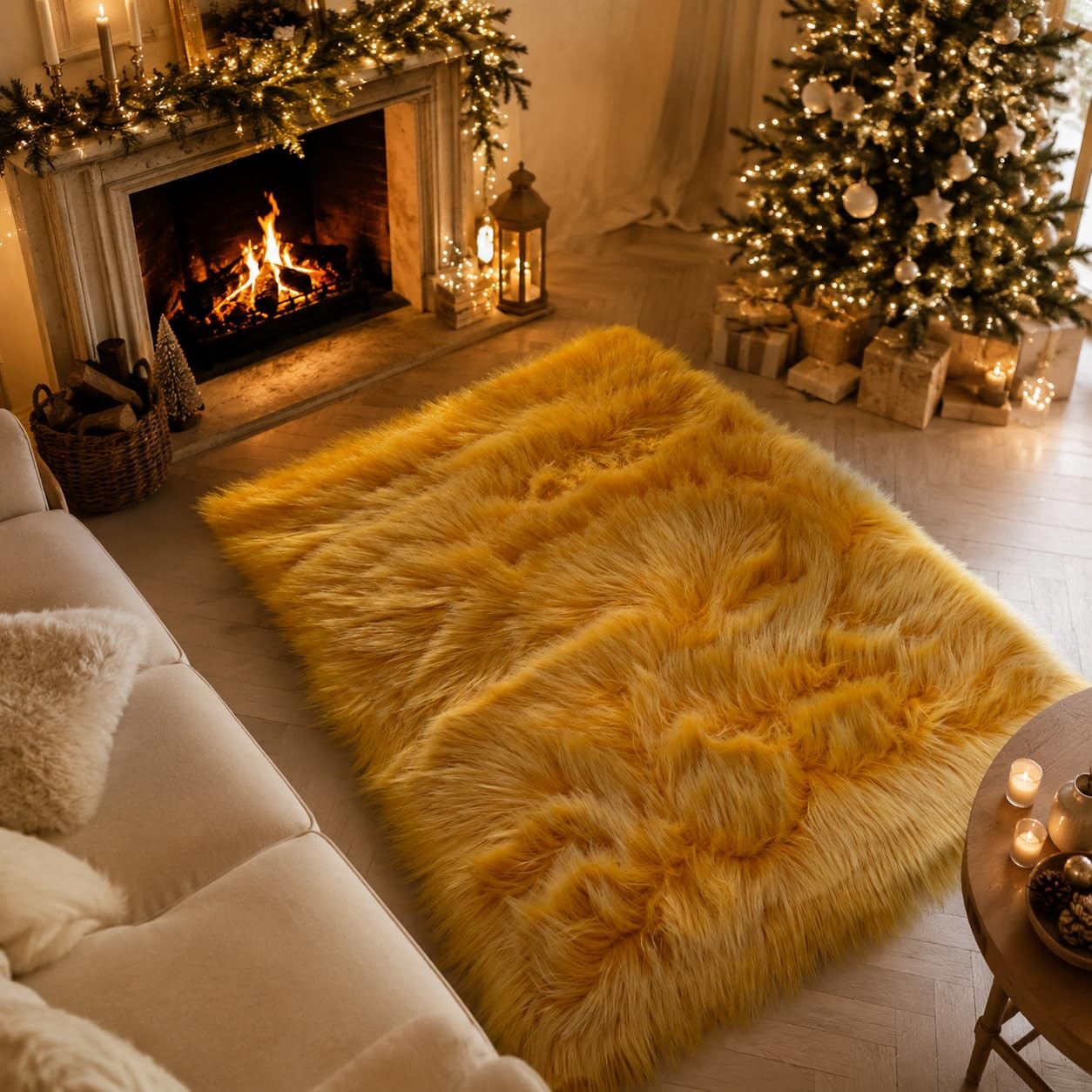 Faux Sheepskin Rug, Ultra Soft Fluffy Golden Yellow Faux Fur Runner Rug for B…