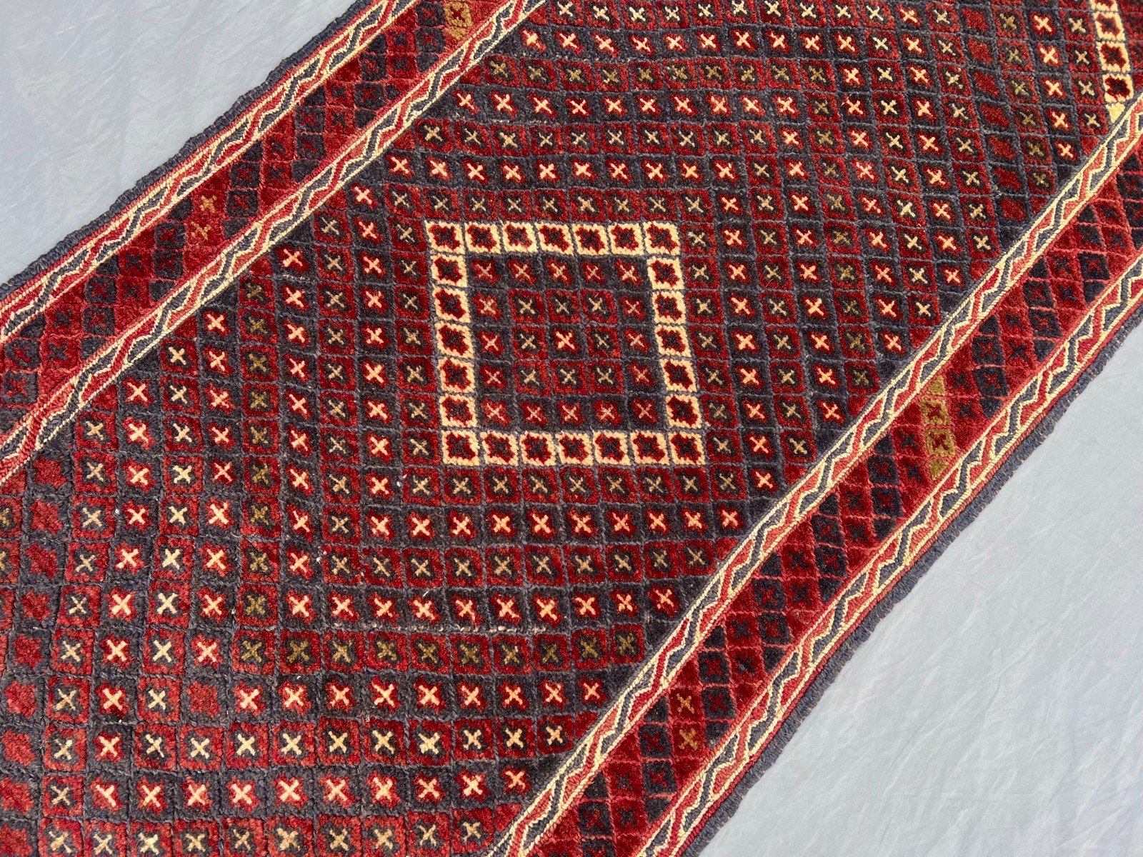 2’1 x 9’2 Ft Classic Afghan Mishwani Runner Rug – Deep Red Geometric Pattern Rug