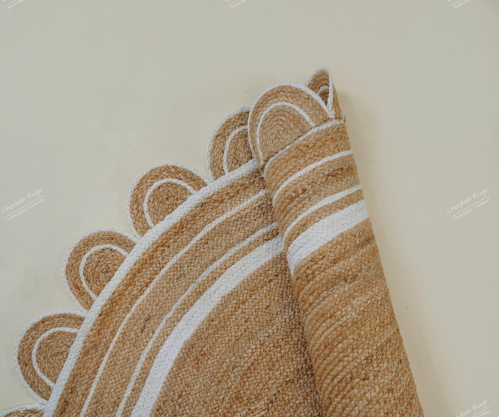 Natural scallop Jute rug white triple line border floor decor large area rugs