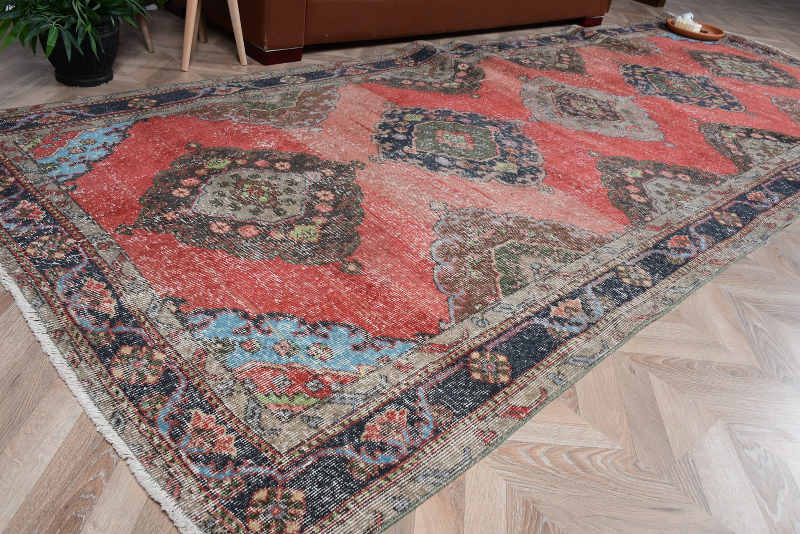 Vintage Turkish Large Rug 4,9×12,1 ft, Red Blue Ombré Wool Rug