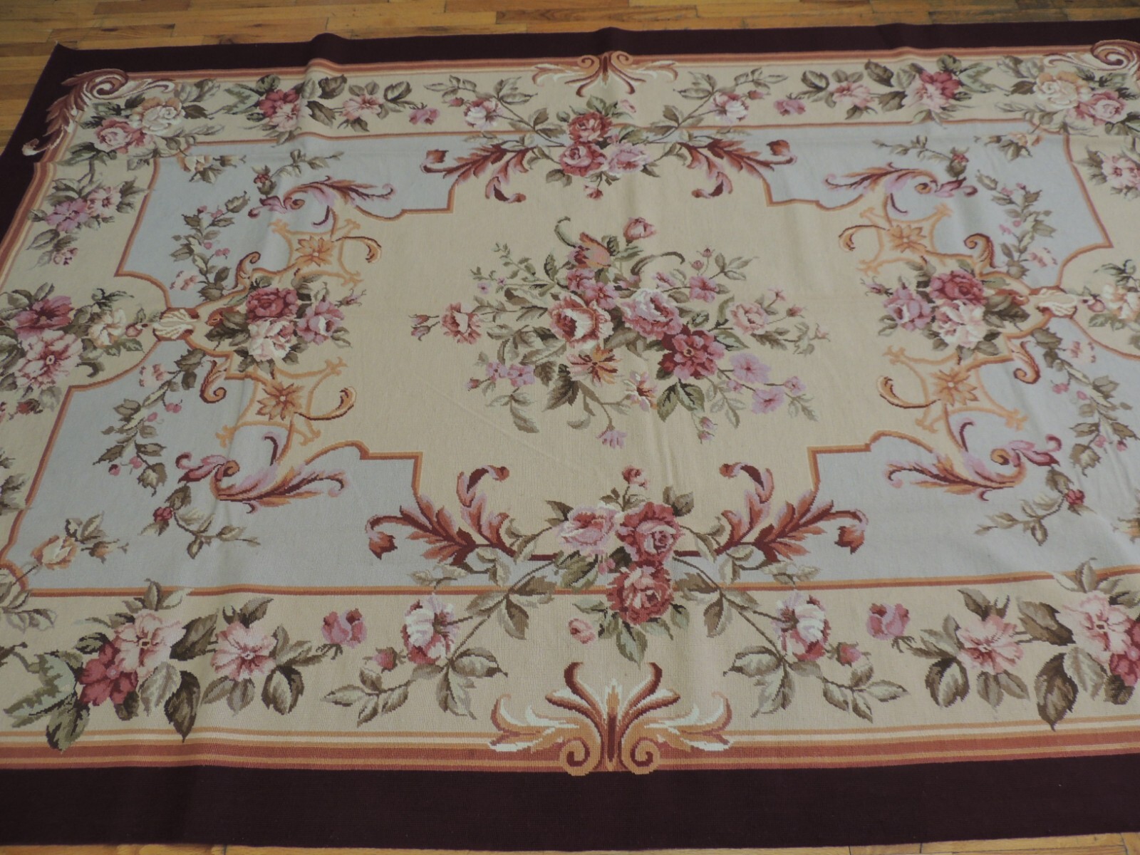 6×9 French Aubusson Needlepoint Medallion Floral WOW Burgundy Red Yellow Gray
