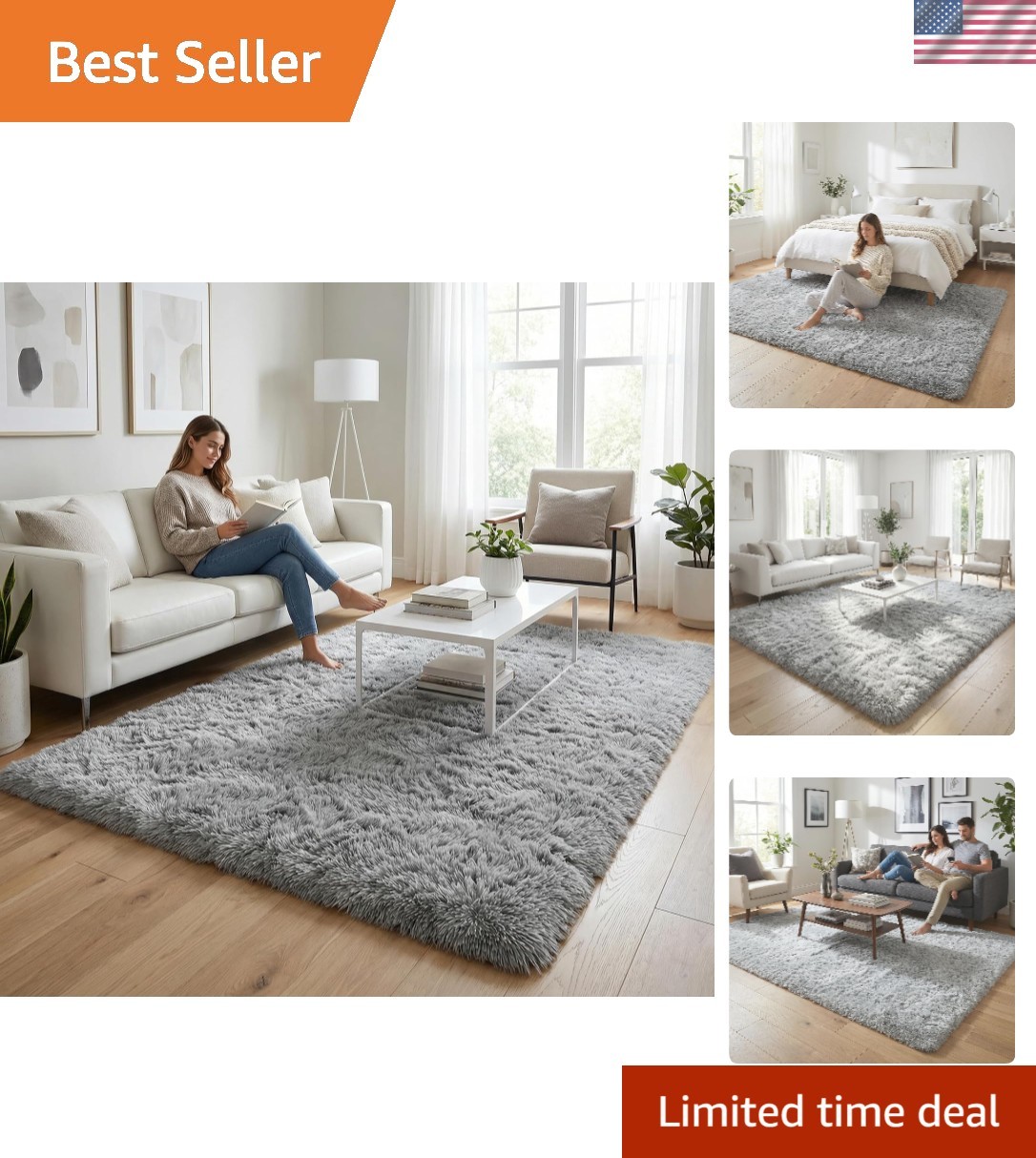 Ultra Soft Fluffy 4’x6′ Shaggy Area Rug – Modern Grey Decor for Kids & Pets