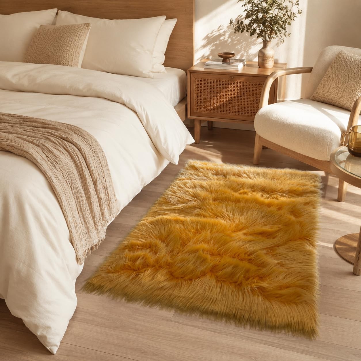 Faux Sheepskin Rug, Ultra Soft Fluffy Golden Yellow Faux Fur Runner Rug for B…