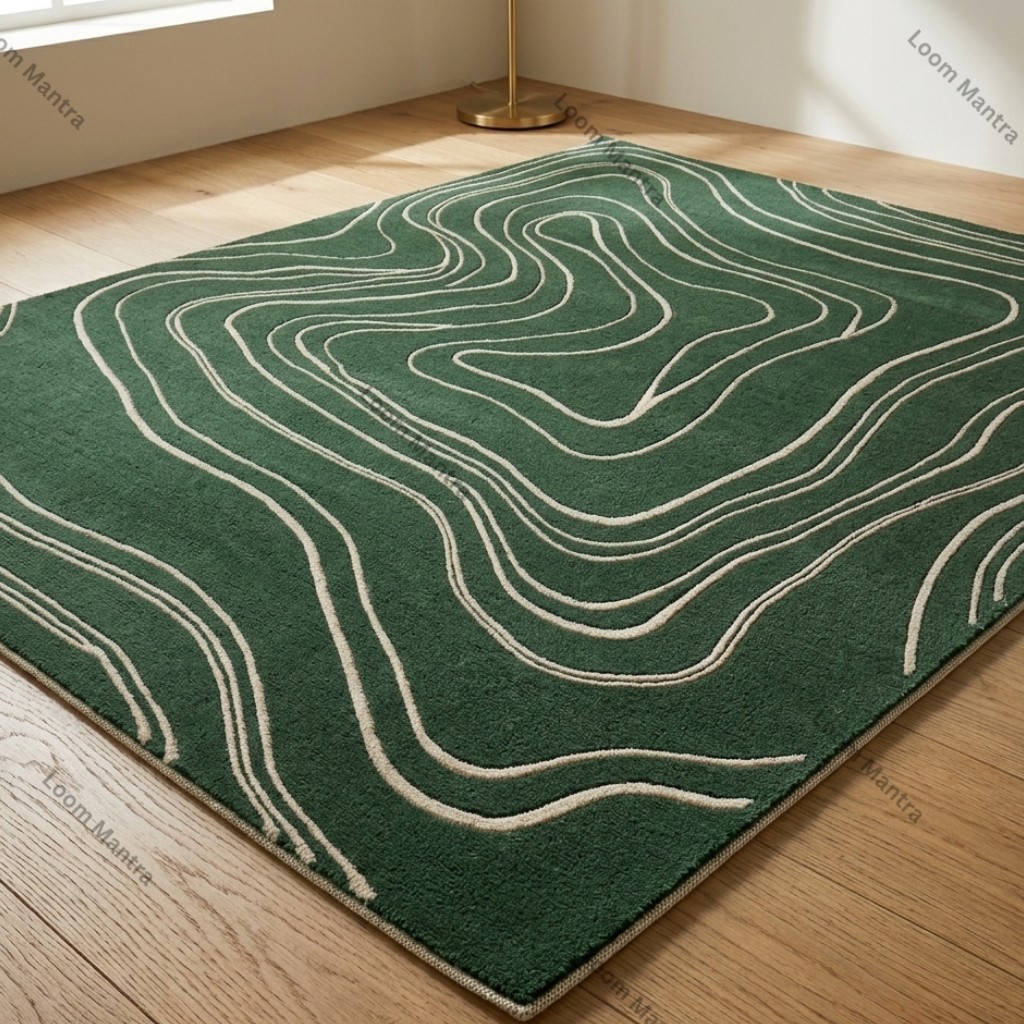 Hand Tufted Wool Rug, 8×10 Emerald Green Abstract Rug, Topographic Line Rug