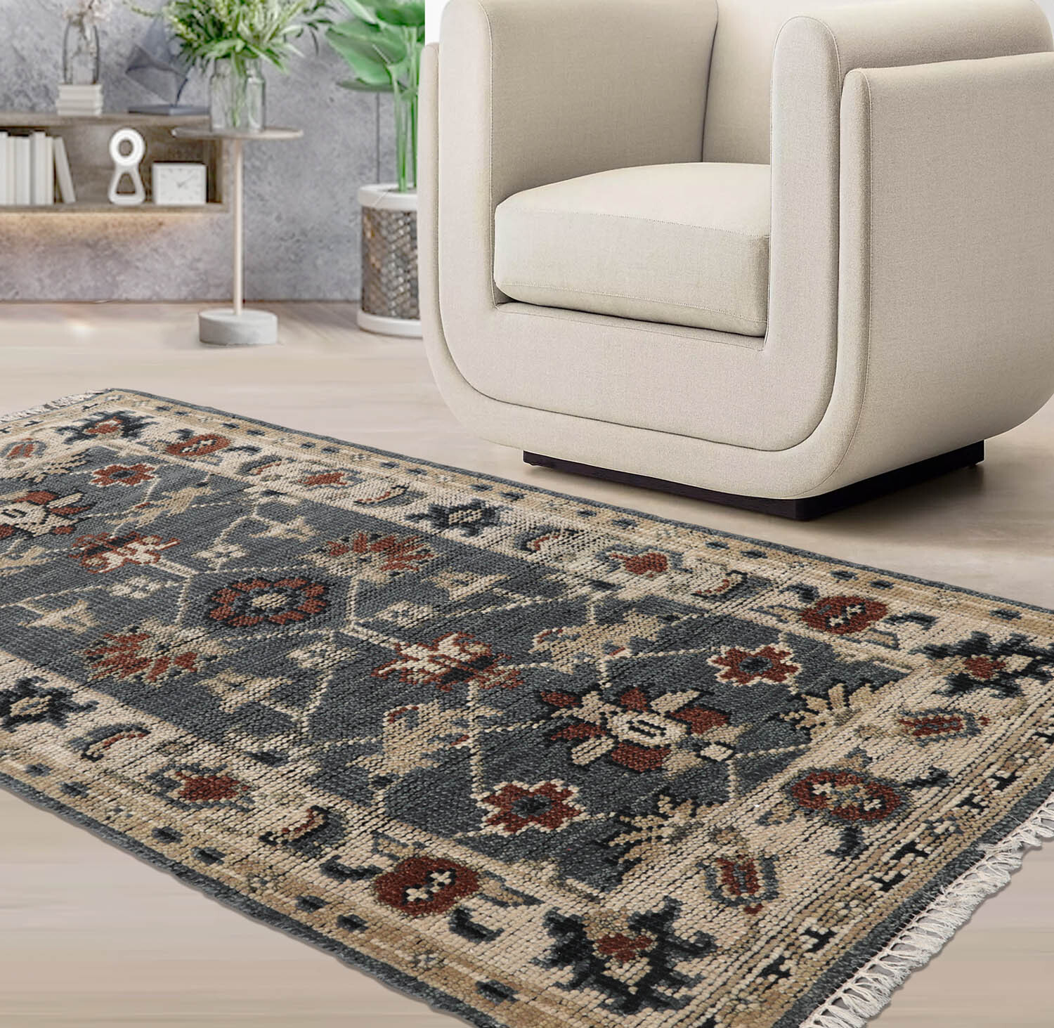 LoomBloom Muted Turkish Oushak Hand Knotted Wool Oriental Area Rug Blue 3′ x 5′