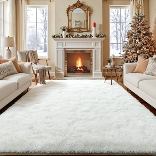Rezutan Large 8×10 Area Rug – White Soft Shag Rugs for Bedroom