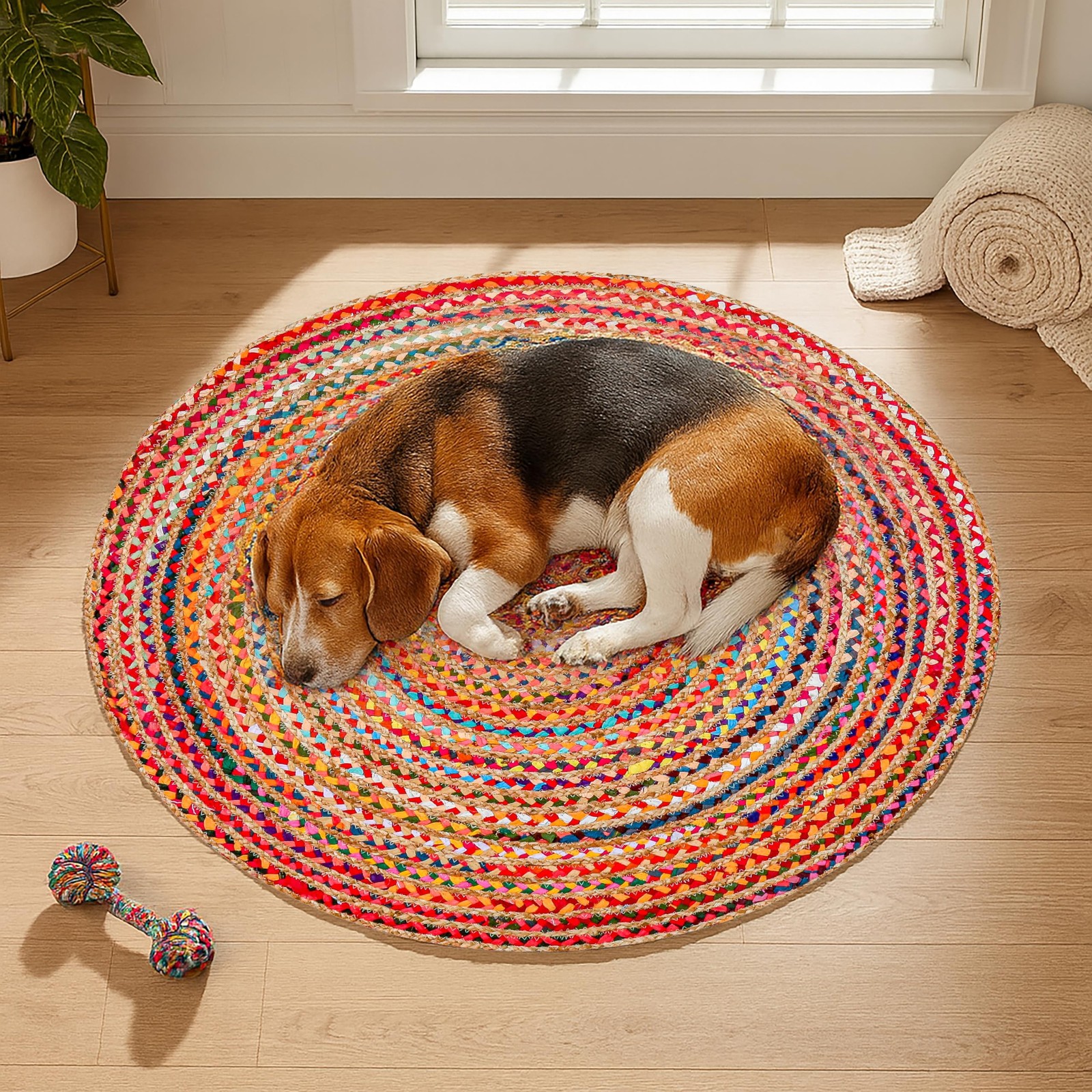 Hausattire Boho Braided Round Rug – Multi Color, 4 ft 4′ (Round), Color