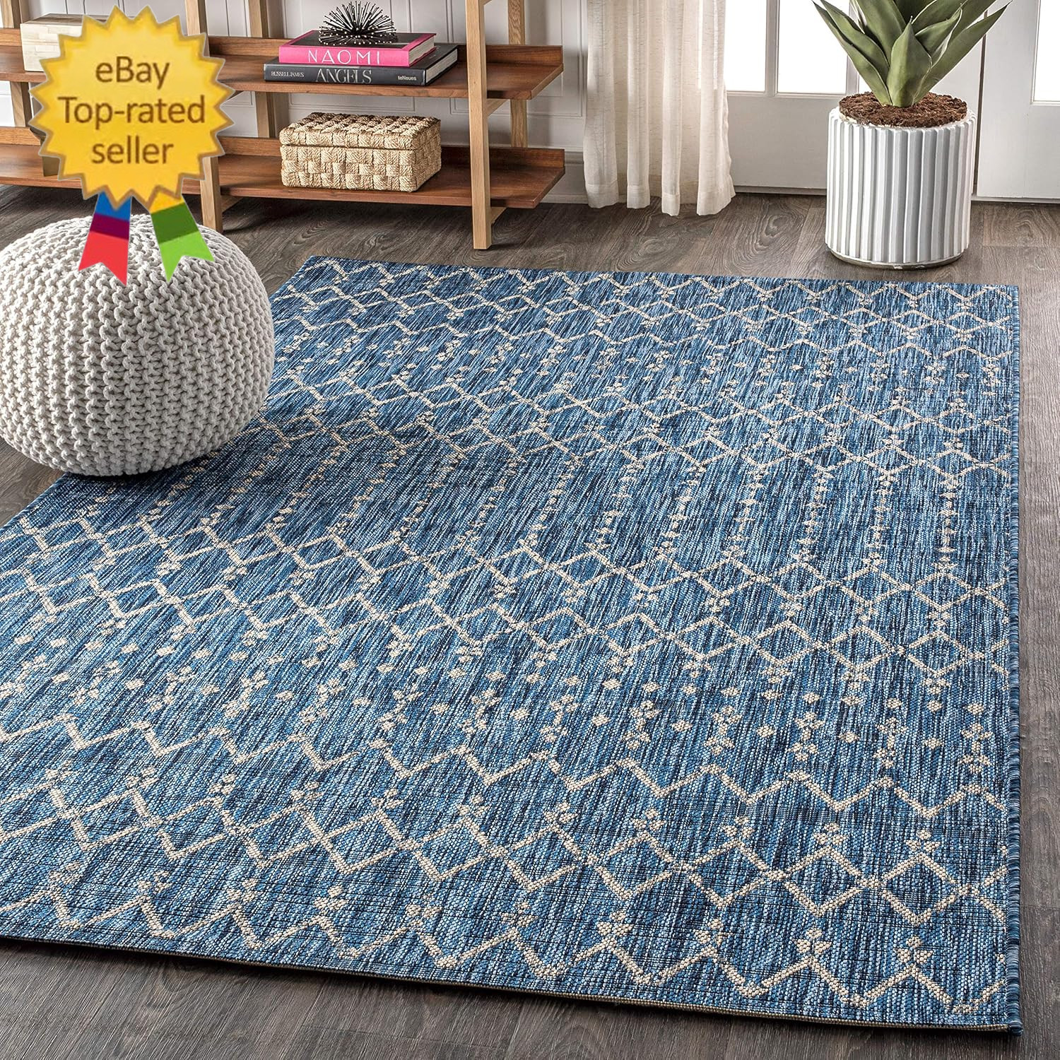 Moroccan Geometric Indoor Outdoor Area Rug 4X6 Navy/Light Gray, Ourika Textured