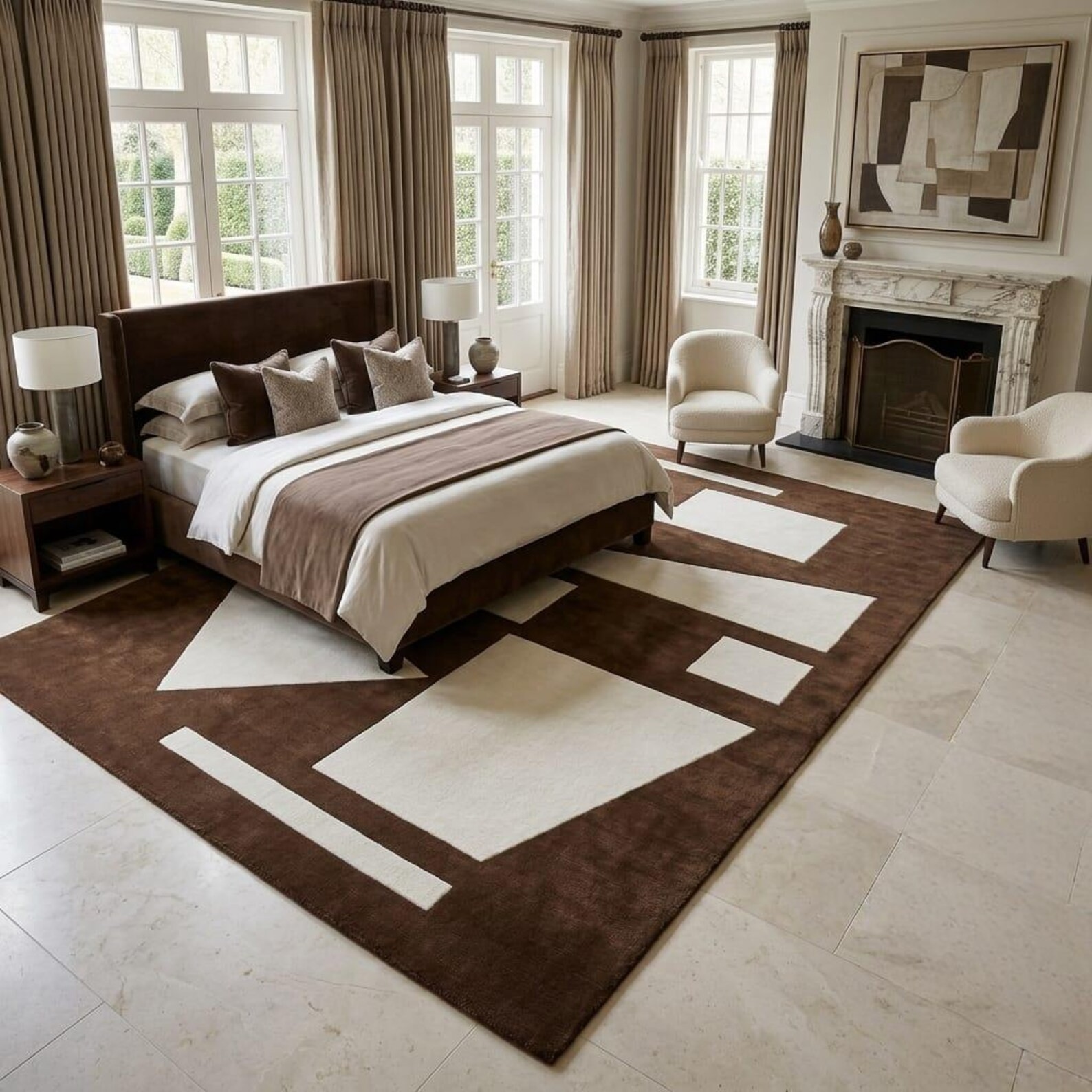 Modern Abstract Brown Wool Rug Cream Geometric Hand Tufted Living Room Carpet