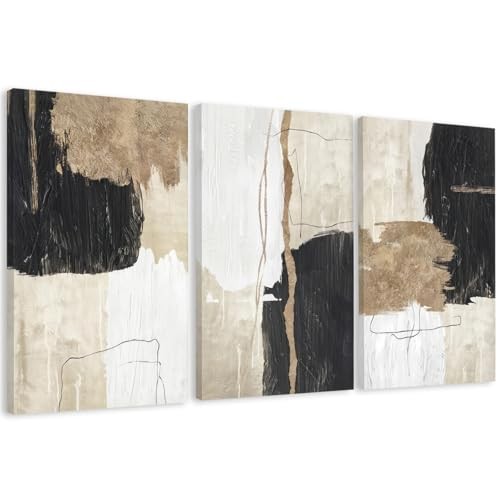 AVECCO 3 Pieces Large Gold and Black Abstract Wall Art, 36″L x 24″W Geometric