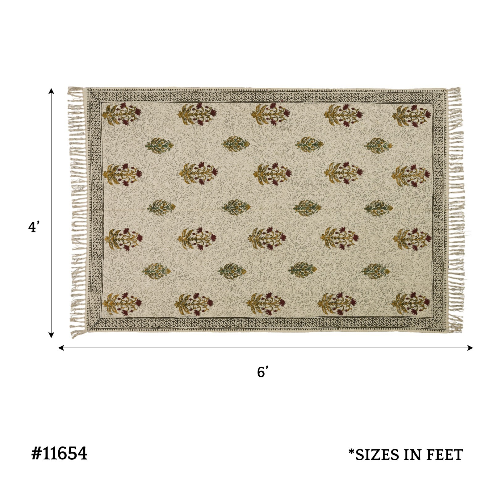 Hand Block Printed Cotton Area Rug 4×6 Floral Boho Farmhouse Fringe Carpet