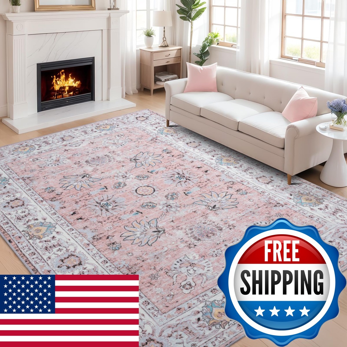 ULTSOFE 6×9 Pink Living Room Rug Chenille Floral Vintage Area Rug Low-Pile