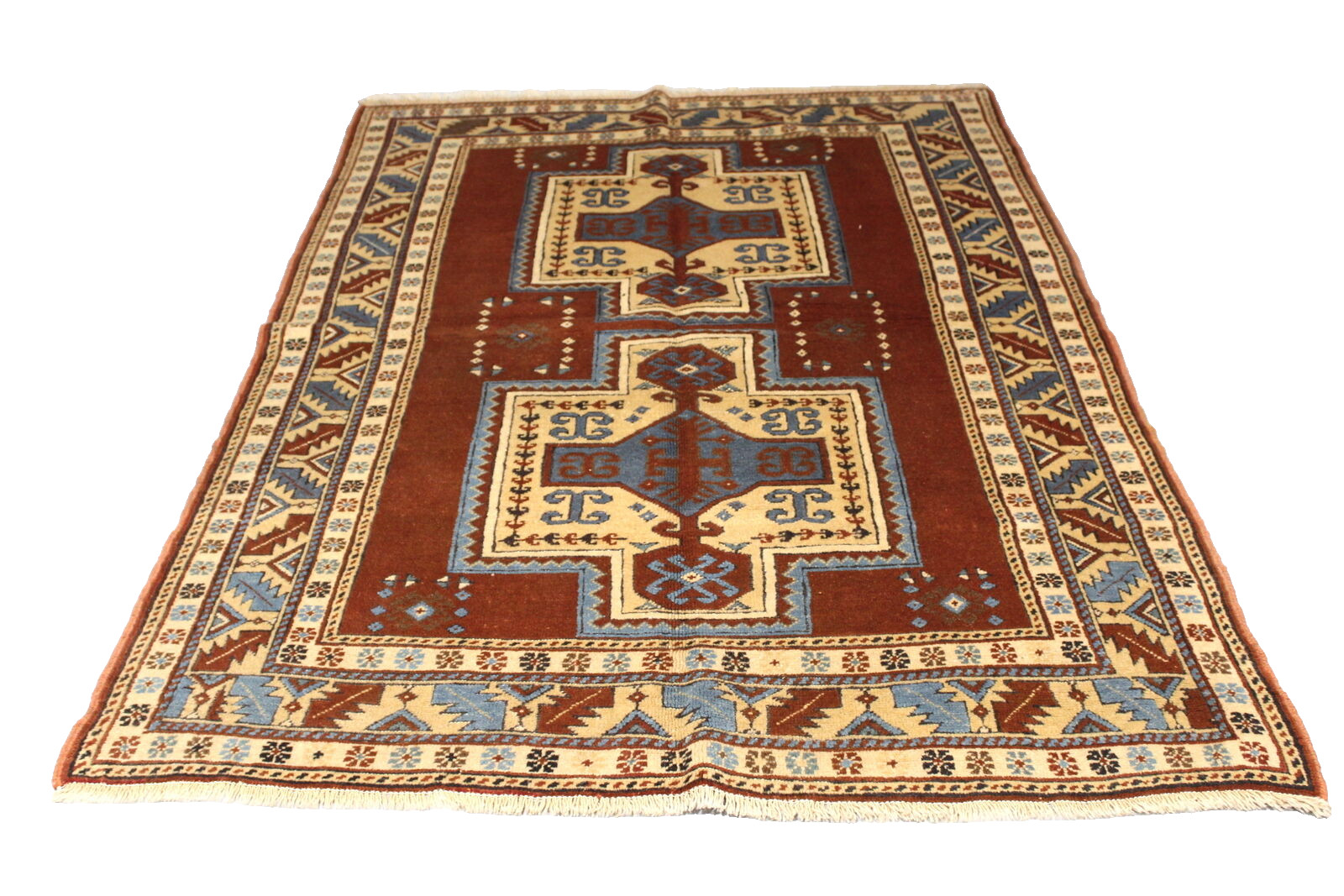 Vintage Tribal Geometric Neutral One-of-a-Kind Kazak 4′ 7″ x 6′ 10″ Red Area Rug