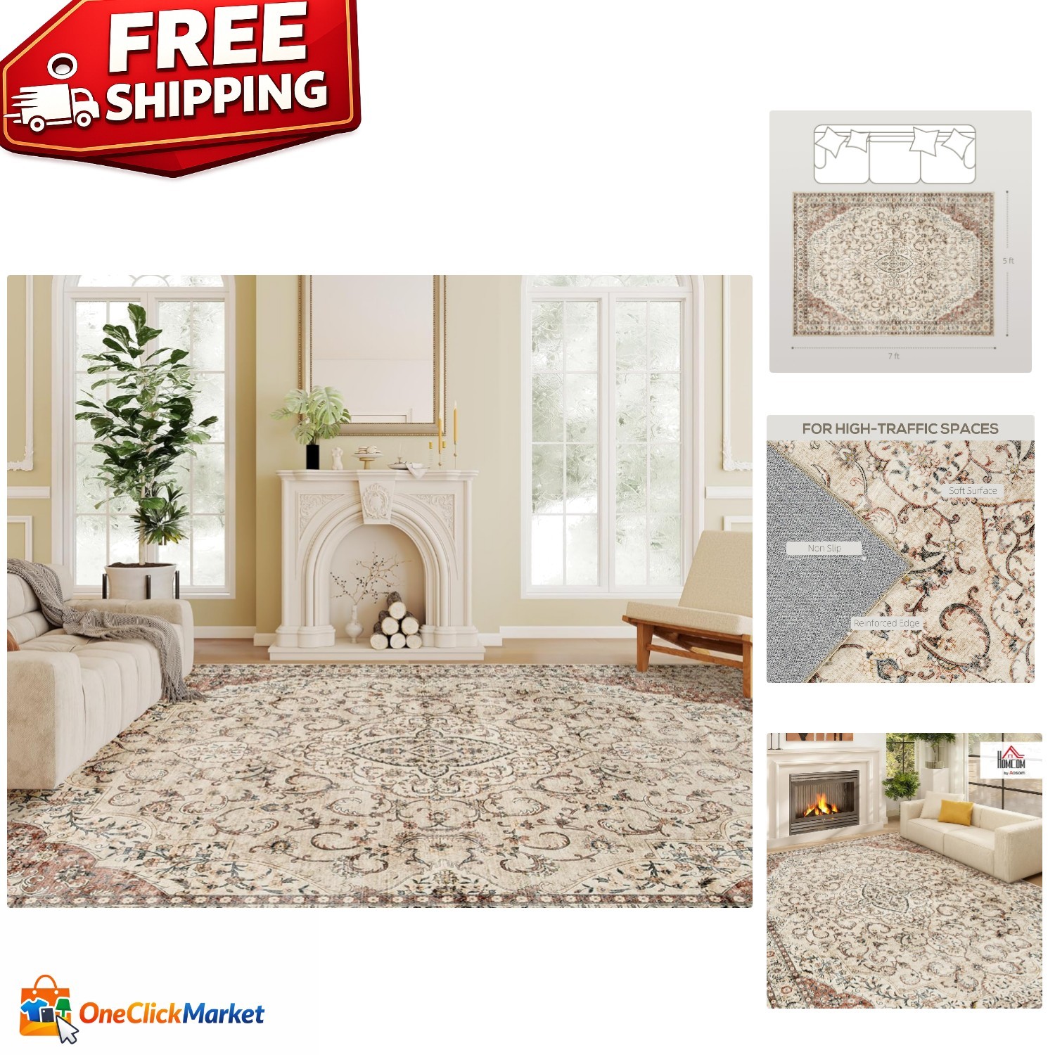 Cozy Low Pile 5′ x 7′ Area Rug – Non-Slip & Floral Vintage Bohemian Style