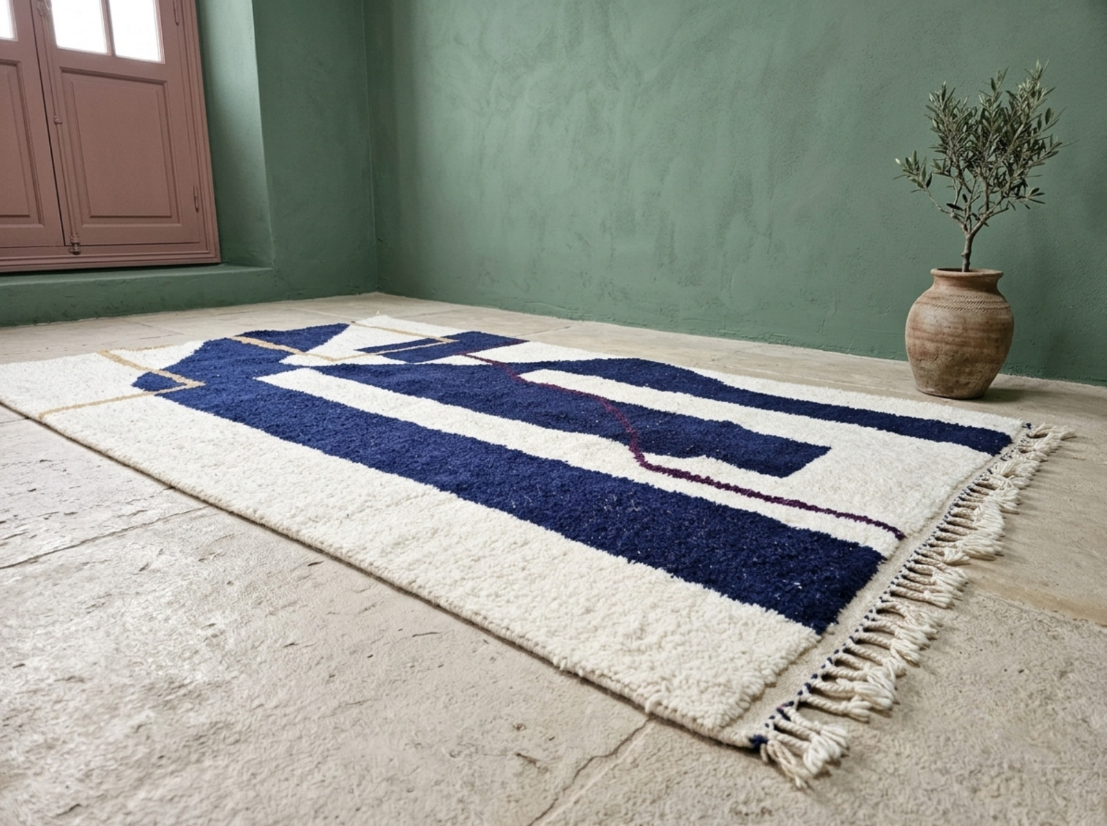 Handmade Moroccan Berber Wool Rug Navy Blue Abstract Beni Ourain Custom Size