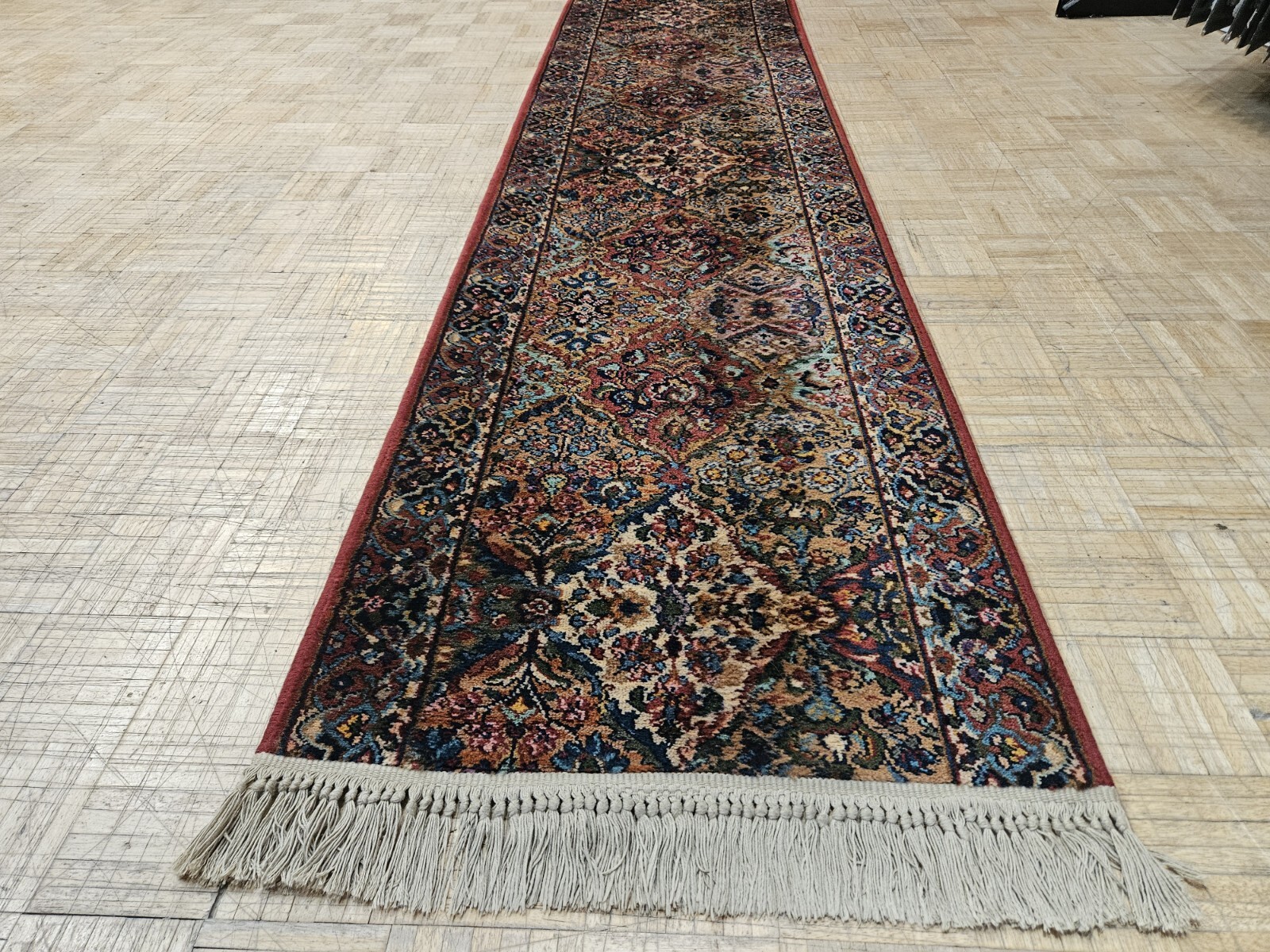 2.6×12 VINTAGE KARASTAN MULTICOLOR PANEL KIRMAN ORIGINAL 700 717 100% WOOL RUG
