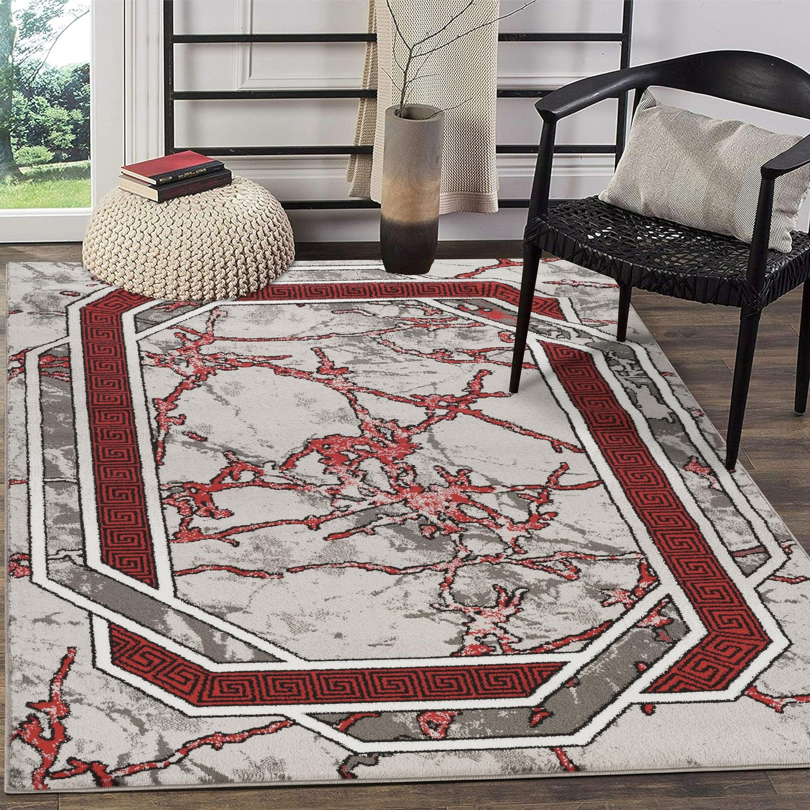 Area Rug Modern 2×3 Doormat Red Grey White Black Marble Soft Contemporary Flo…