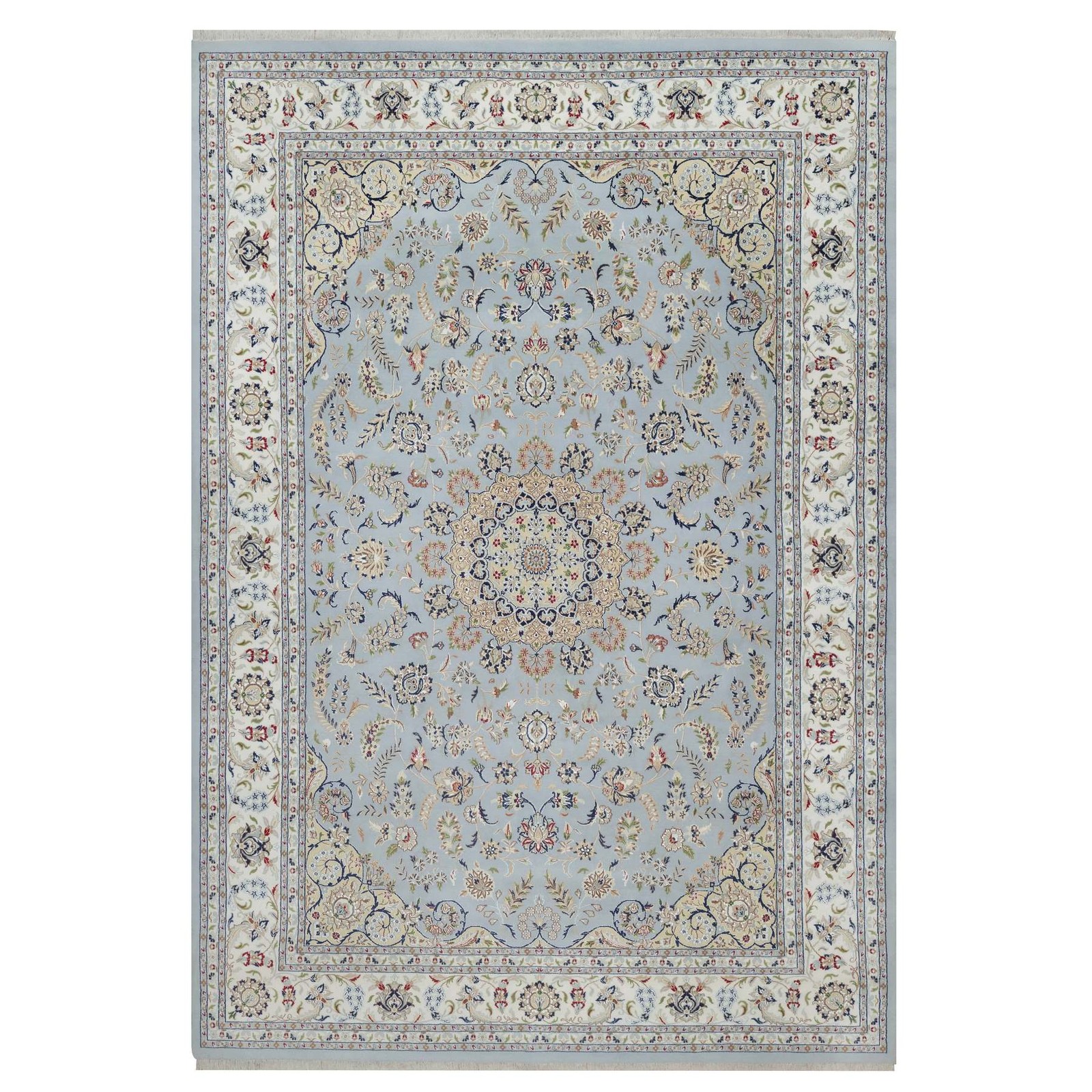 9’9″x14’3″ Light Blue Wool and Silk Nain with Medallion Design Hand Knotted Rug