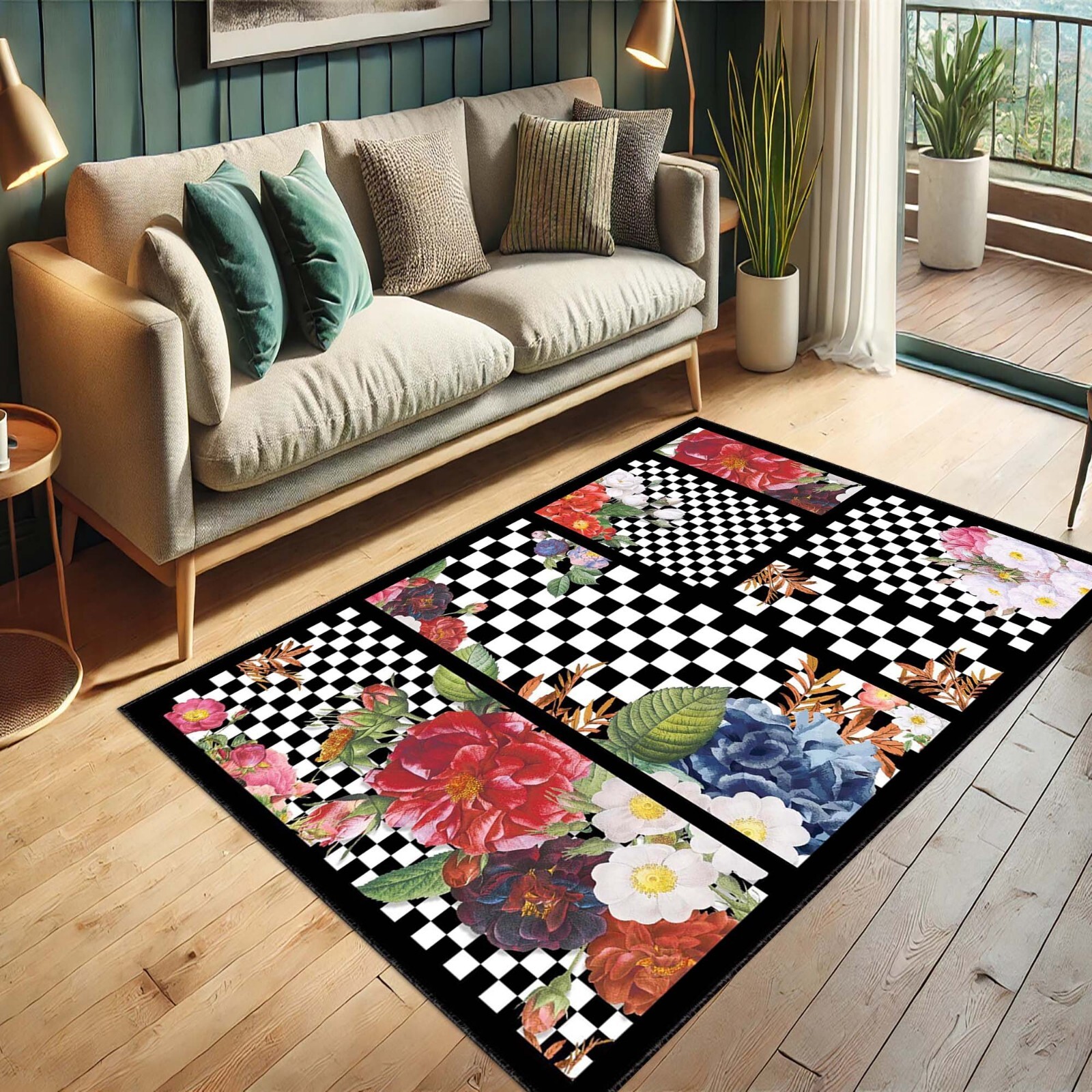 Checkered Floral Rug, Modern Flower Mat, Bold Pattern Carpet, Black White Decor