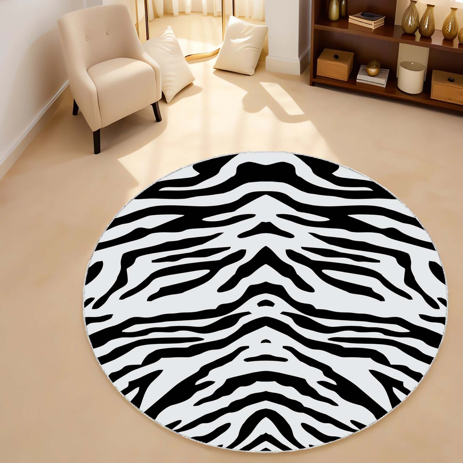 Zebra Rug, Animal Print Rug, Round Zebra Carpet, Black White Rug, Safari Decor,