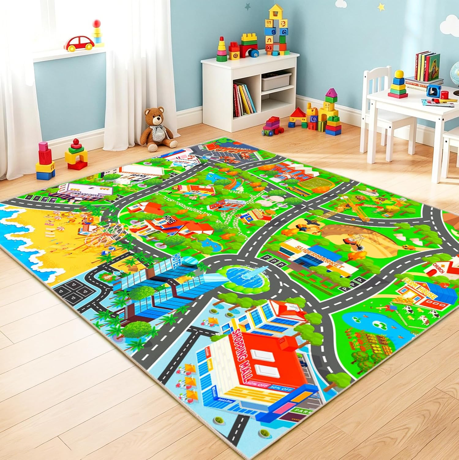 Kids Car Rug for Playroom Classroom, Town City 5X7 Area Rugs | Non Slip Playmat