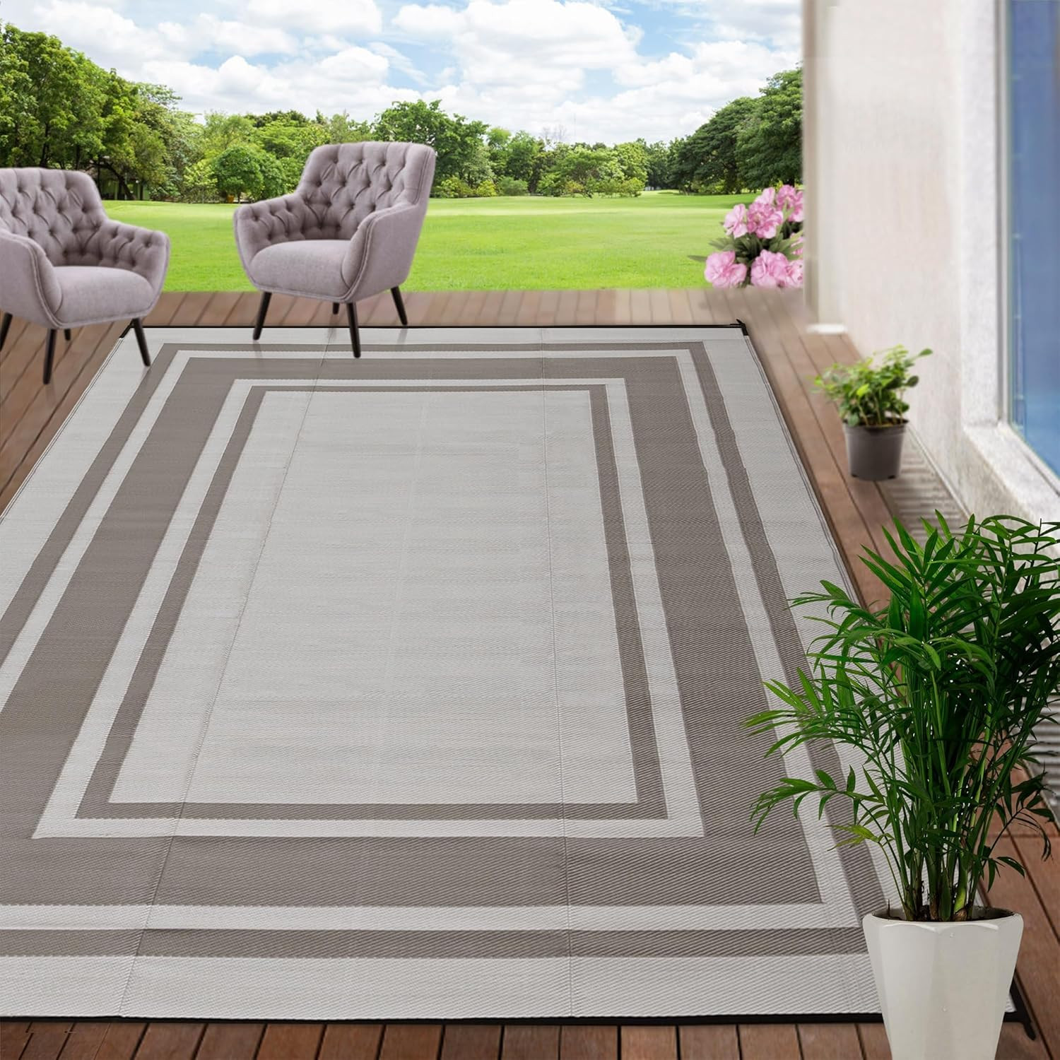 RURALITY Outdoor Rugs 5X8 for Patios Clearance,Waterproof Plastic Straw Mats for