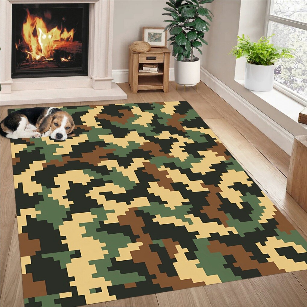 Modern Green Brown Black Camo Pattern Rugs Funky Aesthetic Unique Indoor Carpet