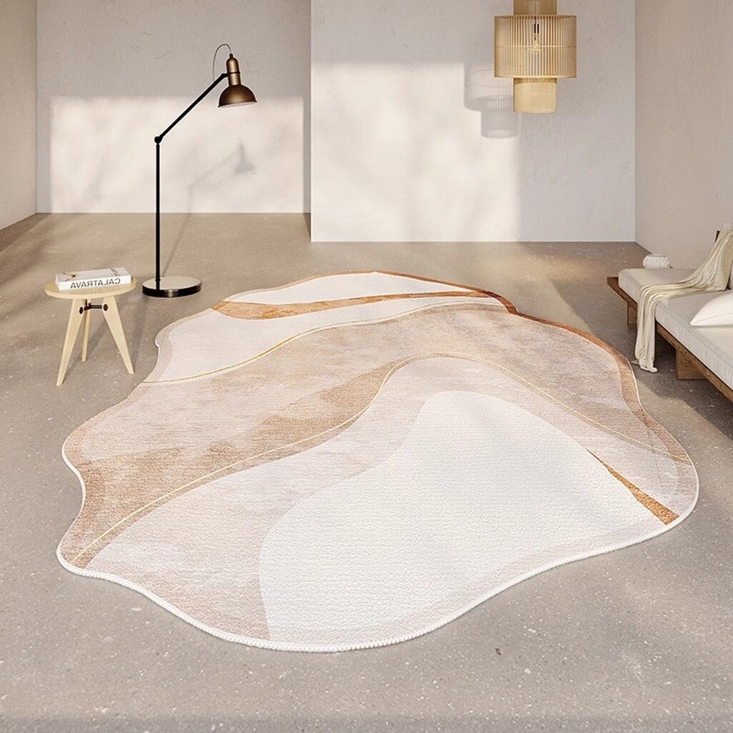 Modern Minimalist White Brown Beige Irregular Shaped Rug Soft Faux Wool Carpet