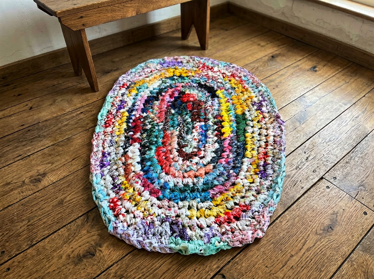 Amish Knot Rug in Multi Color Crocheted Cotton Broadcloth Strips 23″ – 33″ Oval