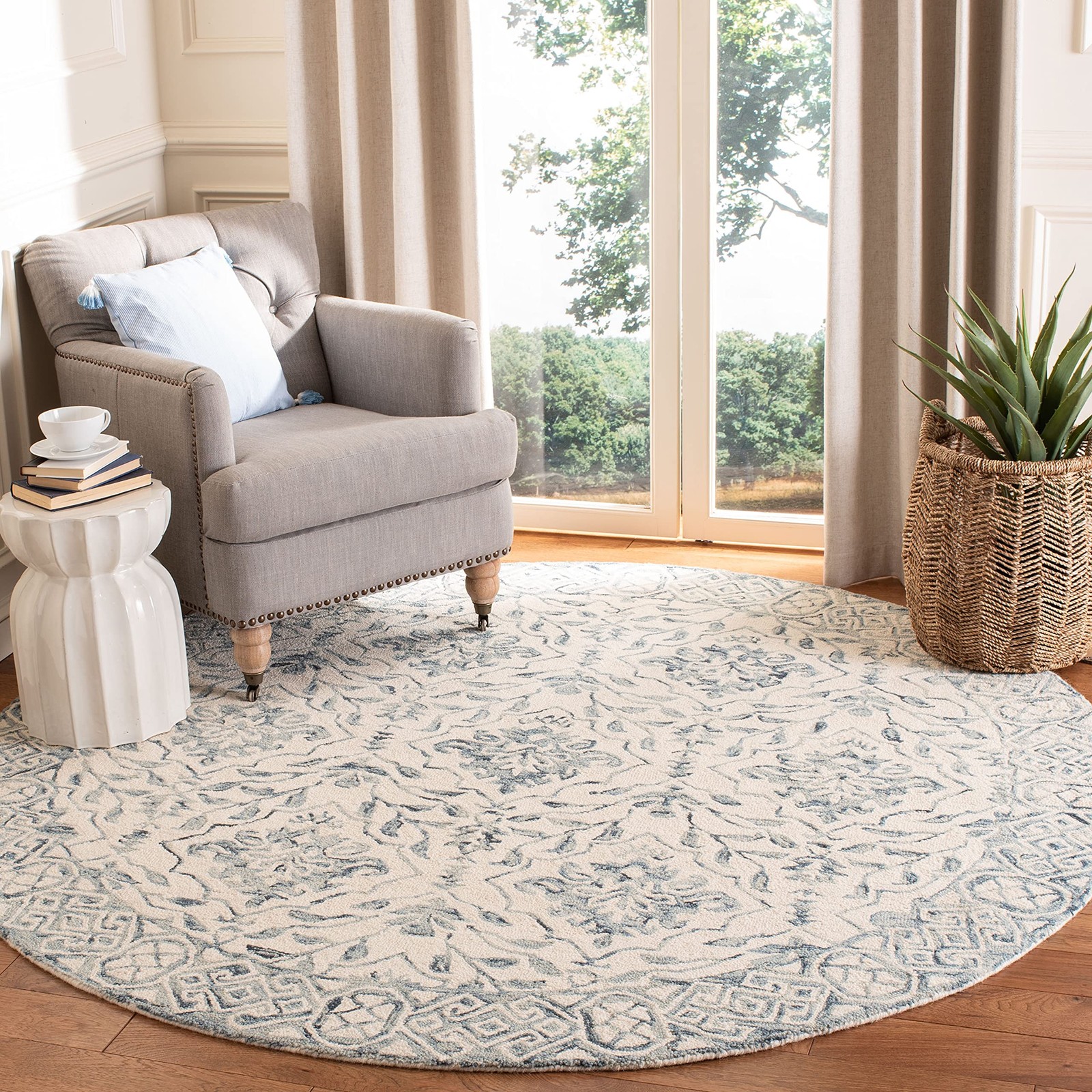 Dip Dye Area Rug 3′ Round Blue Ivory Handmade Wool – Ideal for High Traffic