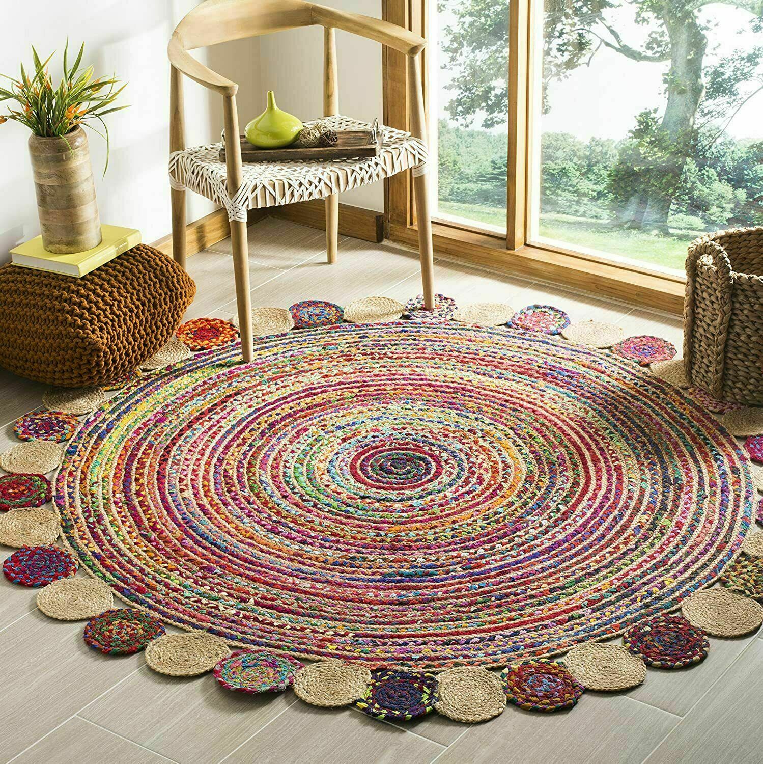 Rug Natural Jute & Cotton Round Design 100% Handmade Carpet Reversible Rug