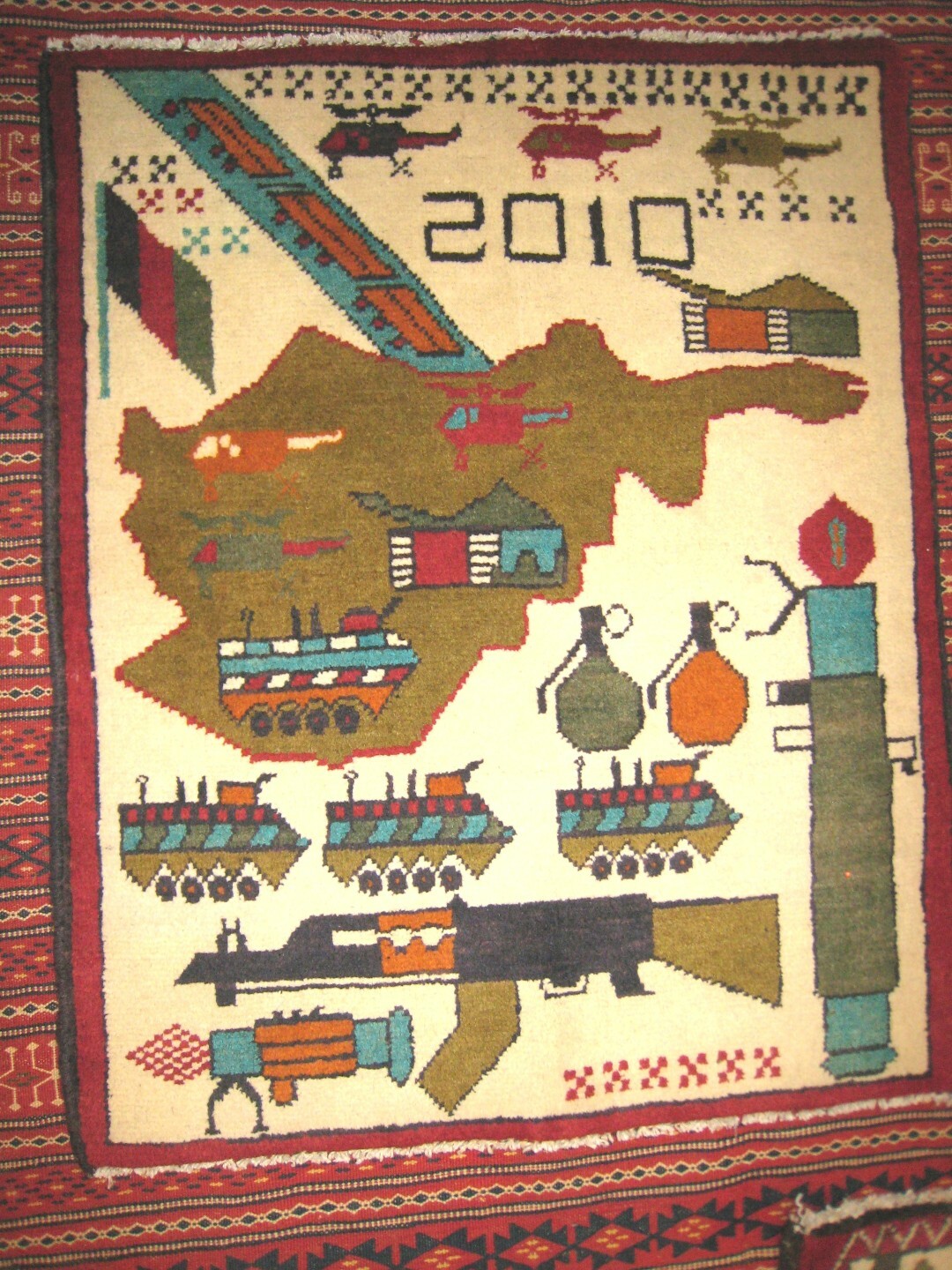 AFGHAN WAR RUG TRIBAL AK47 KALASHNIKOV GUN RPG GRENADES 2X3 PICTORIAL BATTLE NEW
