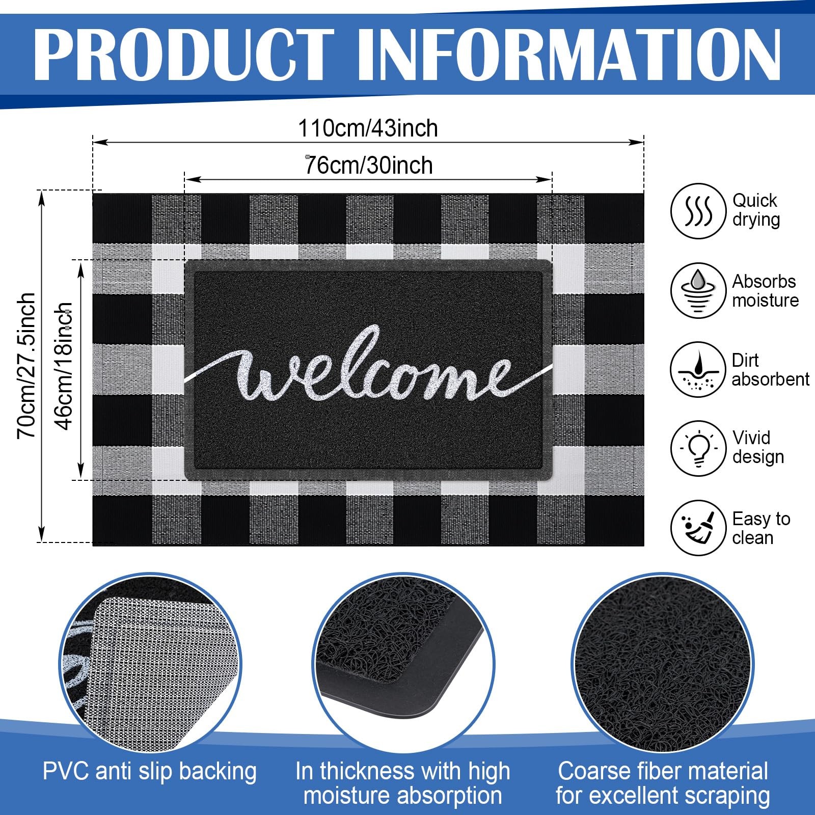 2 Pcs 30” x 18” Doormat 43” x 27.5” Black and White Layered Rug for Front…