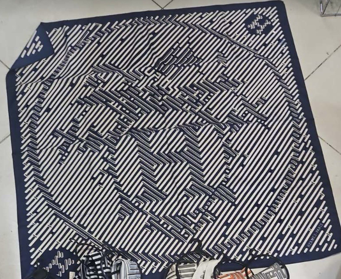 Hermes Navy Blue & White Geometric Square Scarf